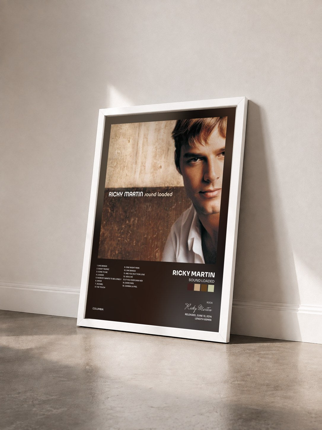 #blanc Sound Loaded by Ricky Martin as a framed art print seen at an angle, white frame