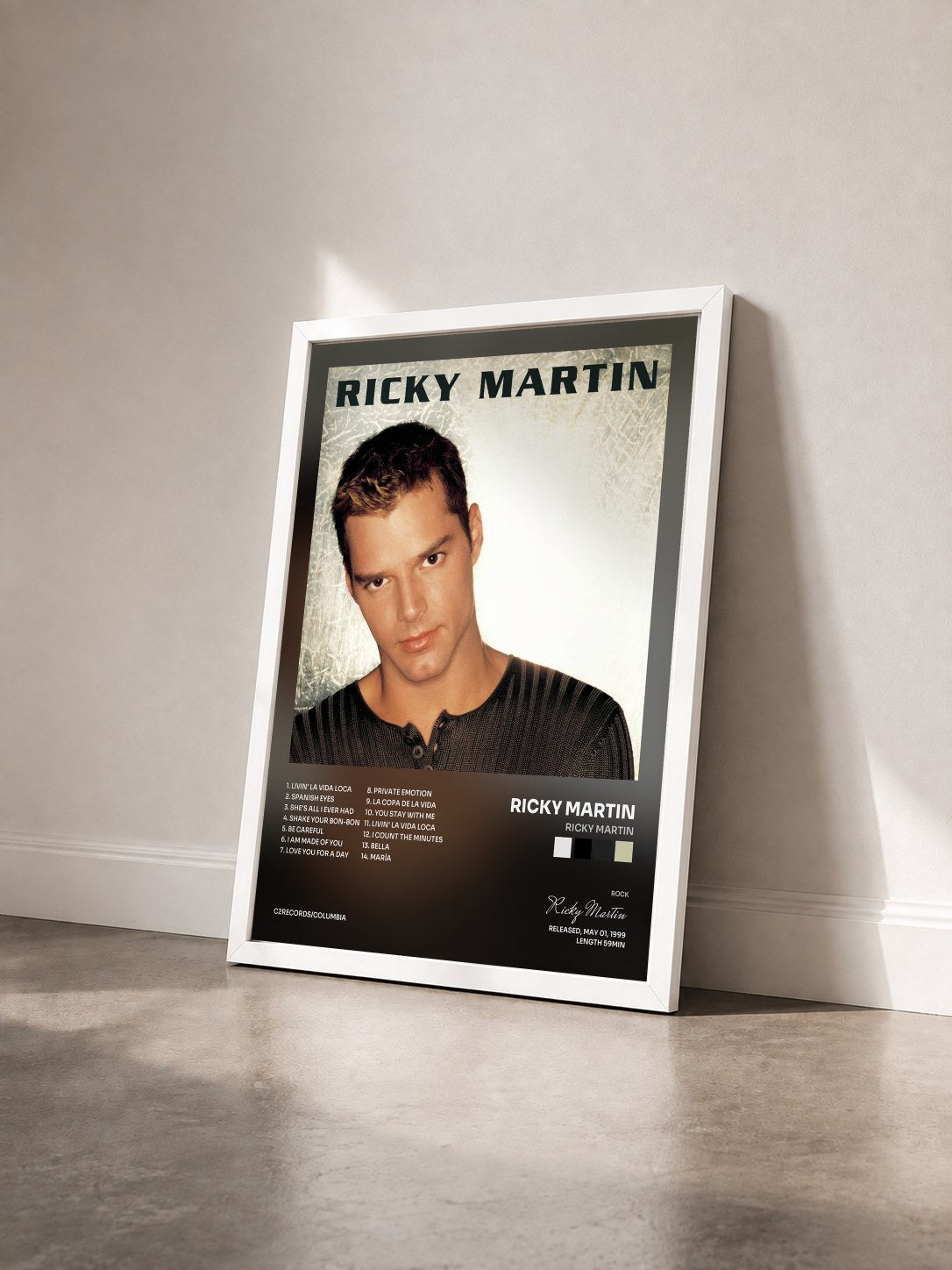 #blanc Ricky Martin by Ricky Martin as a framed art print seen at an angle, white frame