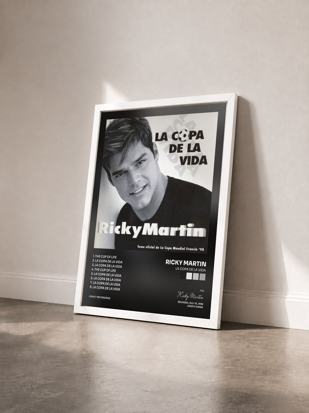 #blanc La Copa by la Vida de Ricky Martin as a framed art print seen at an angle, white frame