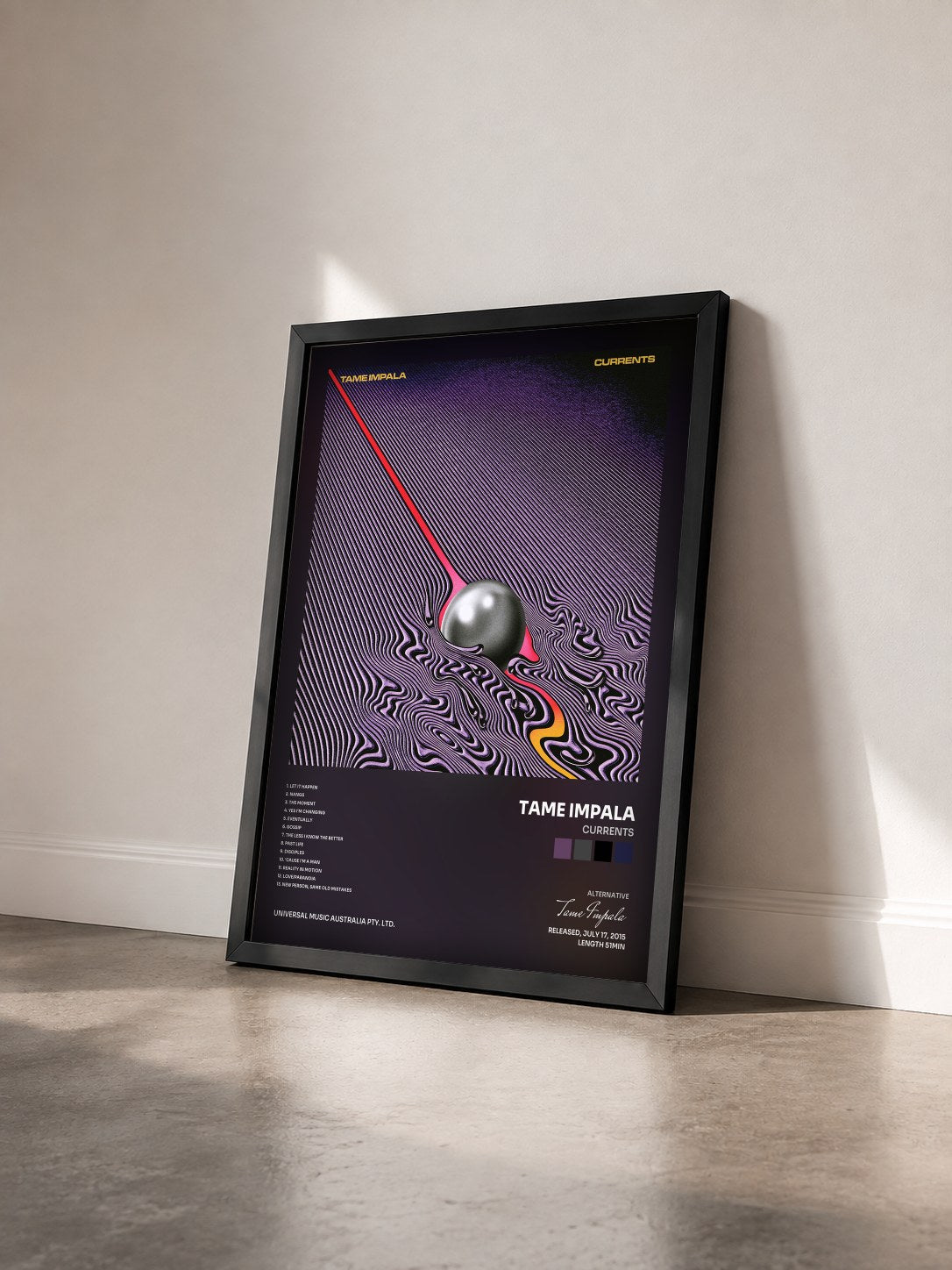#noir Tableau de l'album Currents de Tame Impala vu de trois quarts, cadre noir