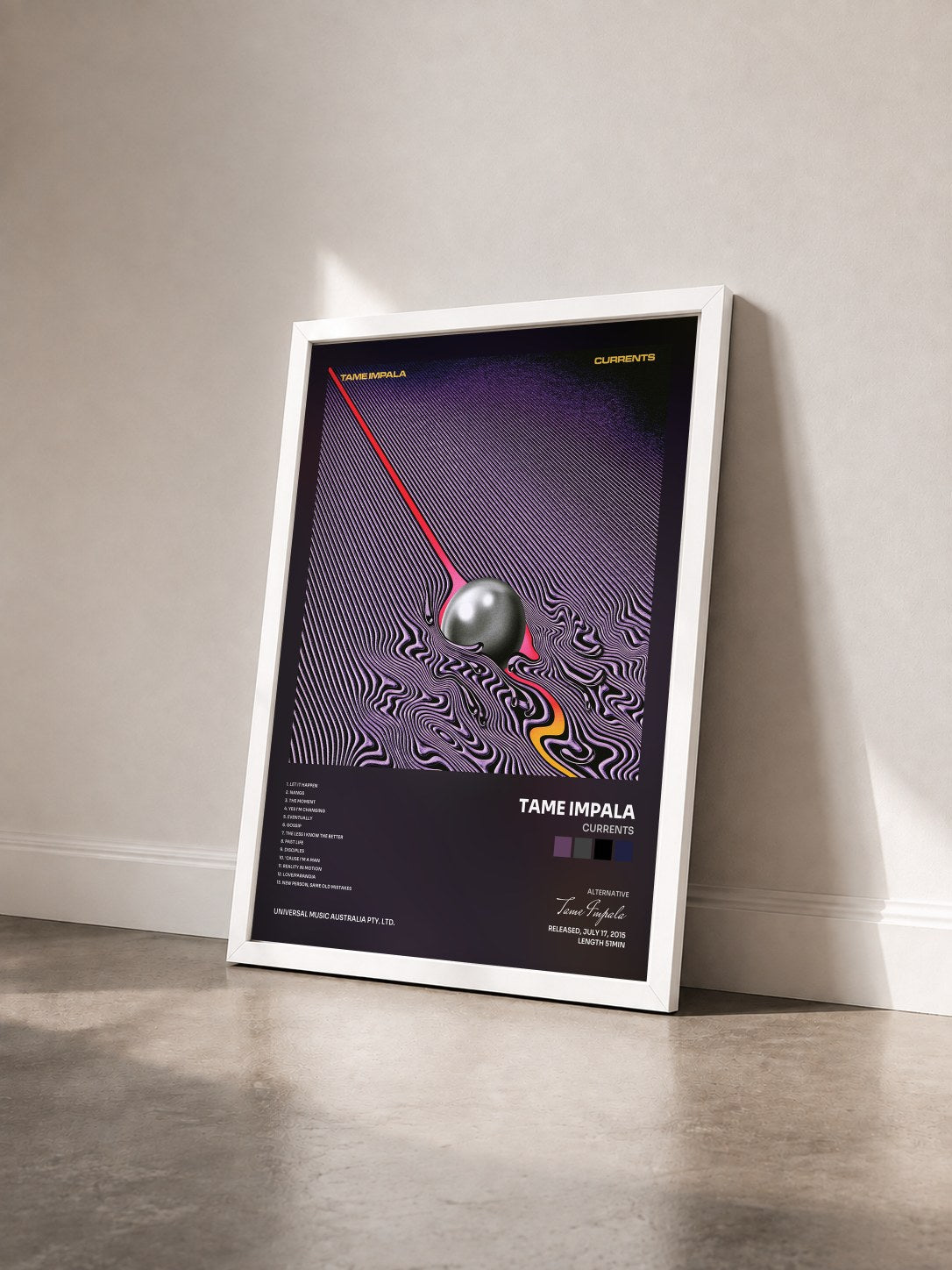 #blanc Tableau de l'album Currents de Tame Impala vu de trois quarts, cadre blanc