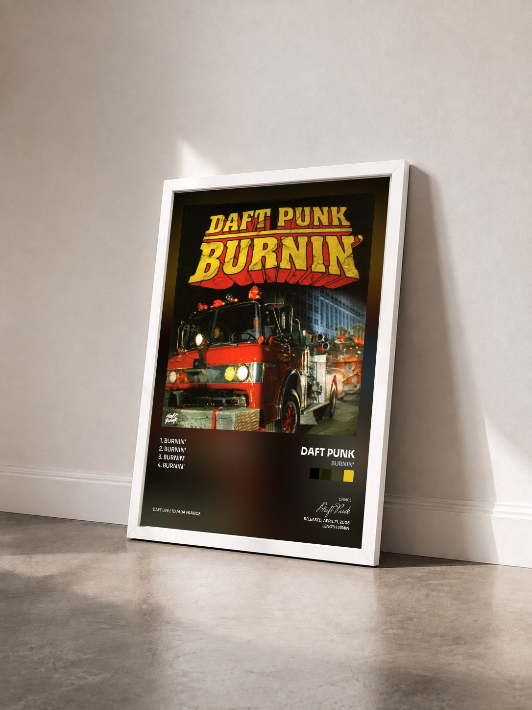 #blanc Tableau de l'album Burnin' de Daft Punk vu de trois quarts, cadre blanc
