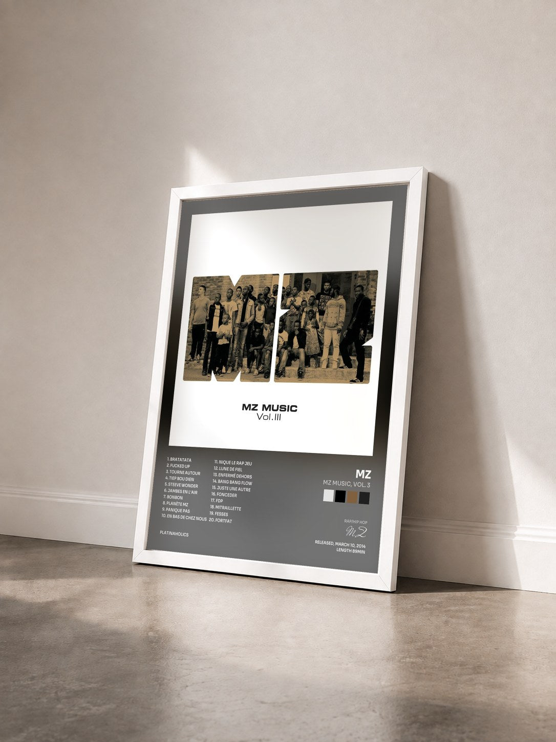 #blanc MZ Music, Vol. 3 by MZ as a framed art print seen at an angle, white frame
