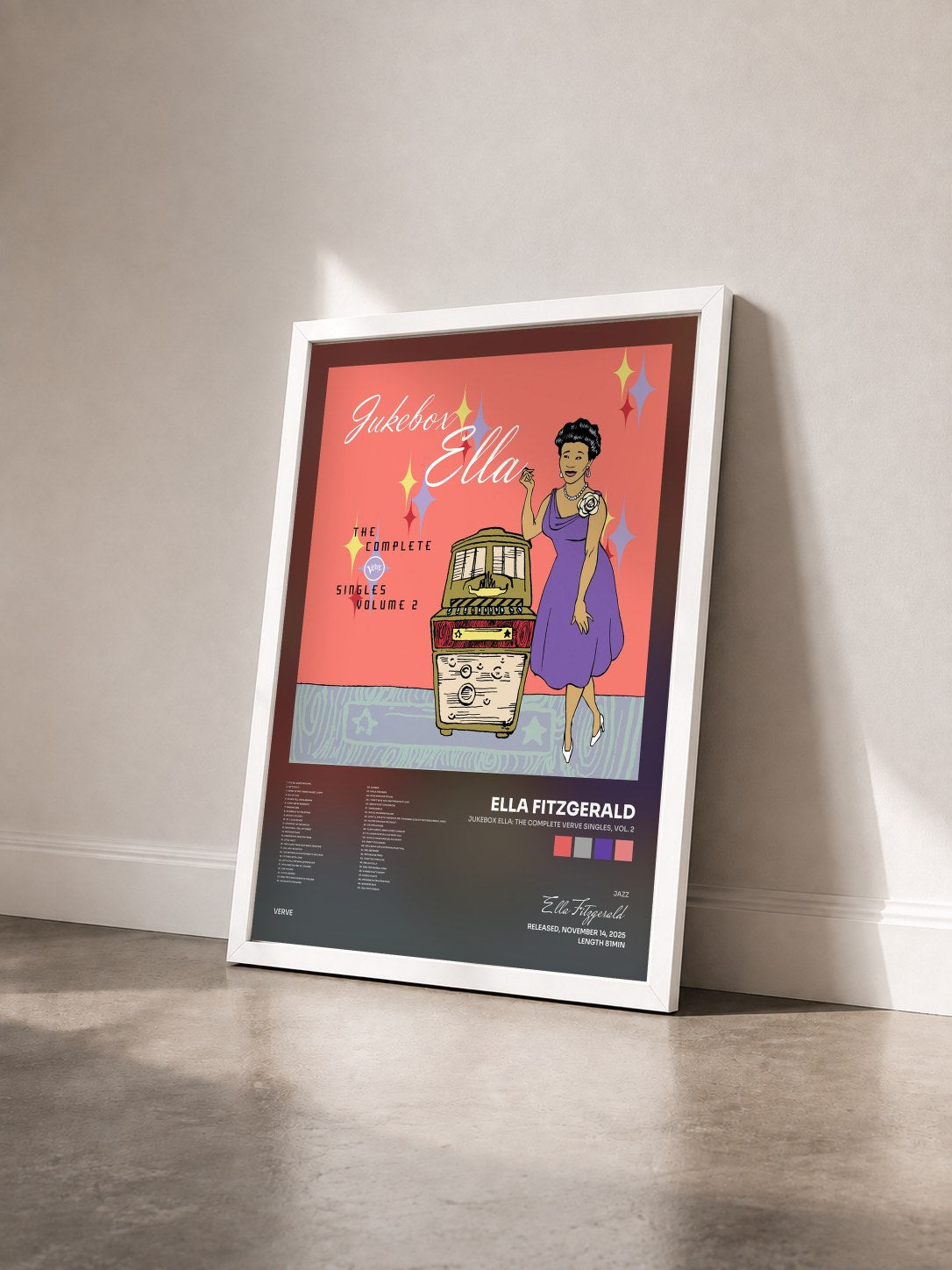 #blanc Tableau de l'album Jukebox Ella: The Complete Verve Singles, Vol. 2 de Ella Fitzgerald vu de trois quarts, cadre blanc