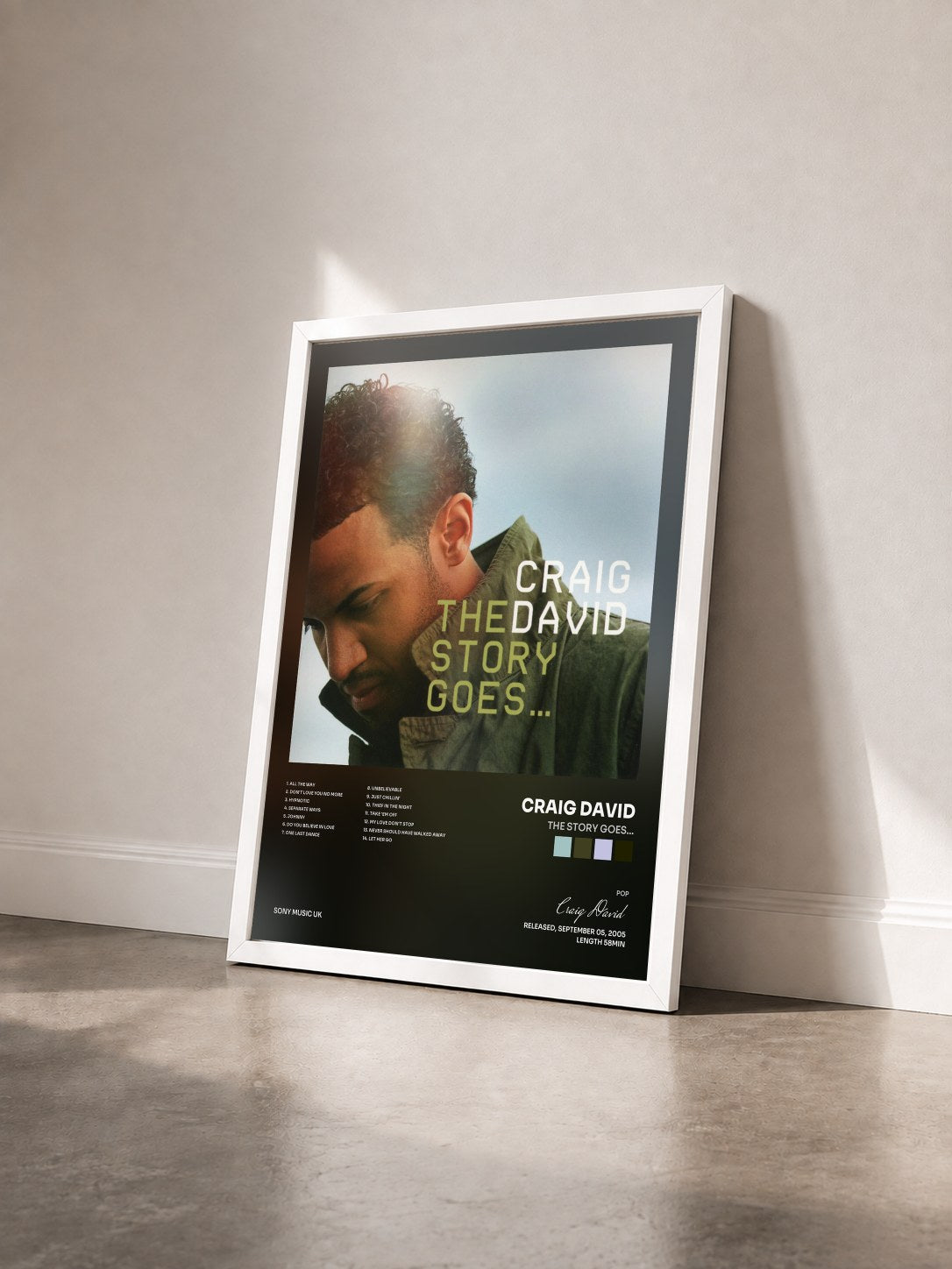 #blanc Tableau de l'album The Story Goes... de Craig David vu de trois quarts, cadre blanc