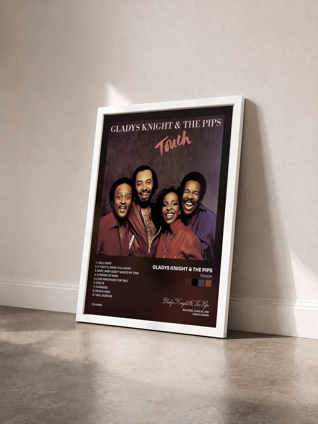 #blanc Tableau de l'album Touch de Gladys Knight & The Pips vu de trois quarts, cadre blanc