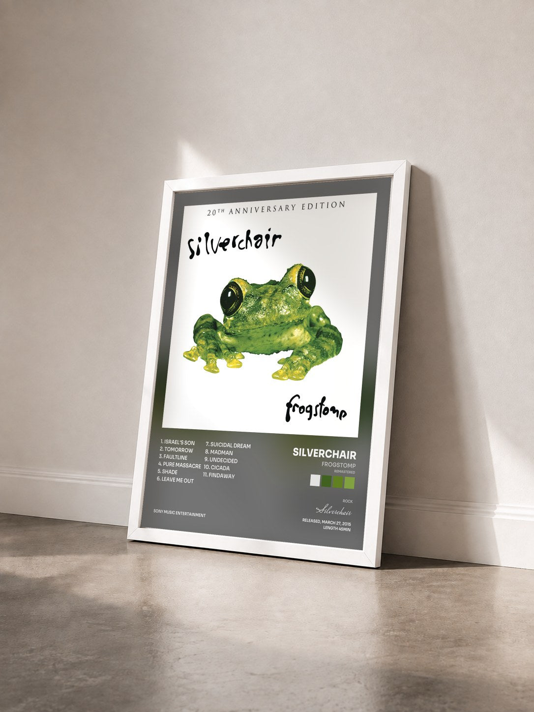 #blanc Frogstomp (Remastered) de Silverchair en lámina enmarcada vista de tres cuartos, marco blanco