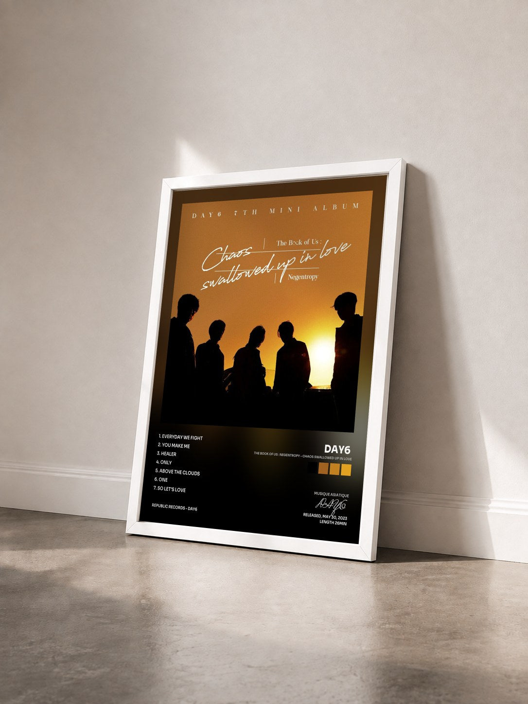 #blanc Tableau de l'album The Book of Us : Negentropy - Chaos swallowed up in love de DAY6  vu de trois quarts, cadre blanc