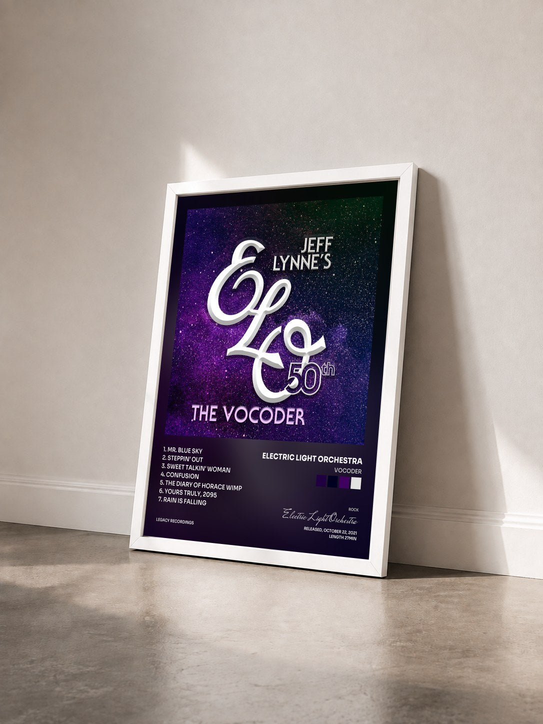 #blanc Tableau de l'album Vocoder de Electric Light Orchestra vu de trois quarts, cadre blanc