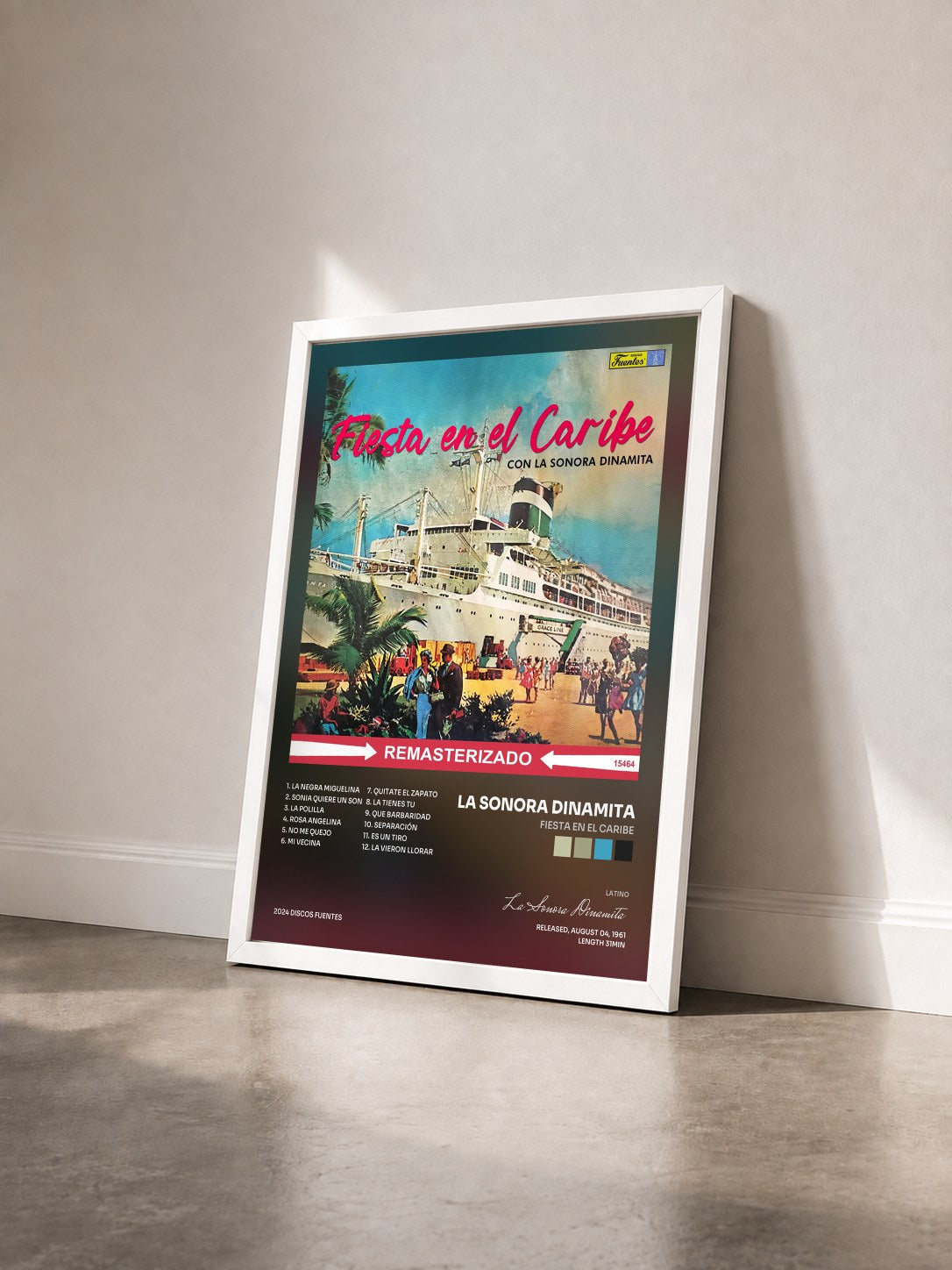 #blanc Tableau de l'album Fiesta en El Caribe de La Sonora Dinamita vu de trois quarts, cadre blanc