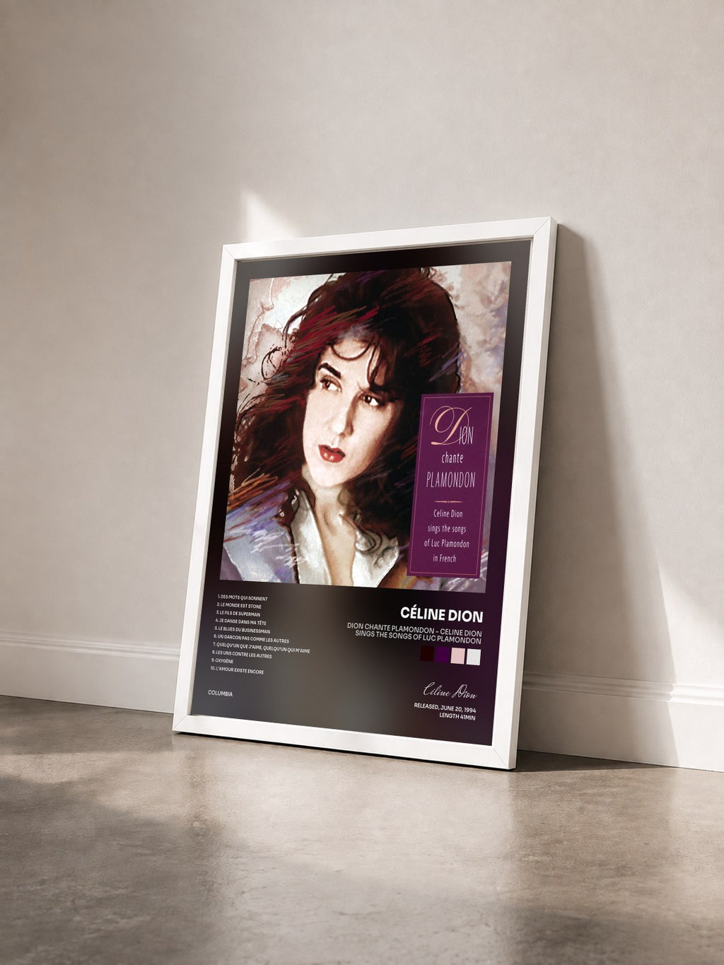 #blanc Dion Chante Plamondon - Celine Dion Sings The Songs Of Luc Plamondon by Céline Dion as a framed art print seen at an angle, white frame