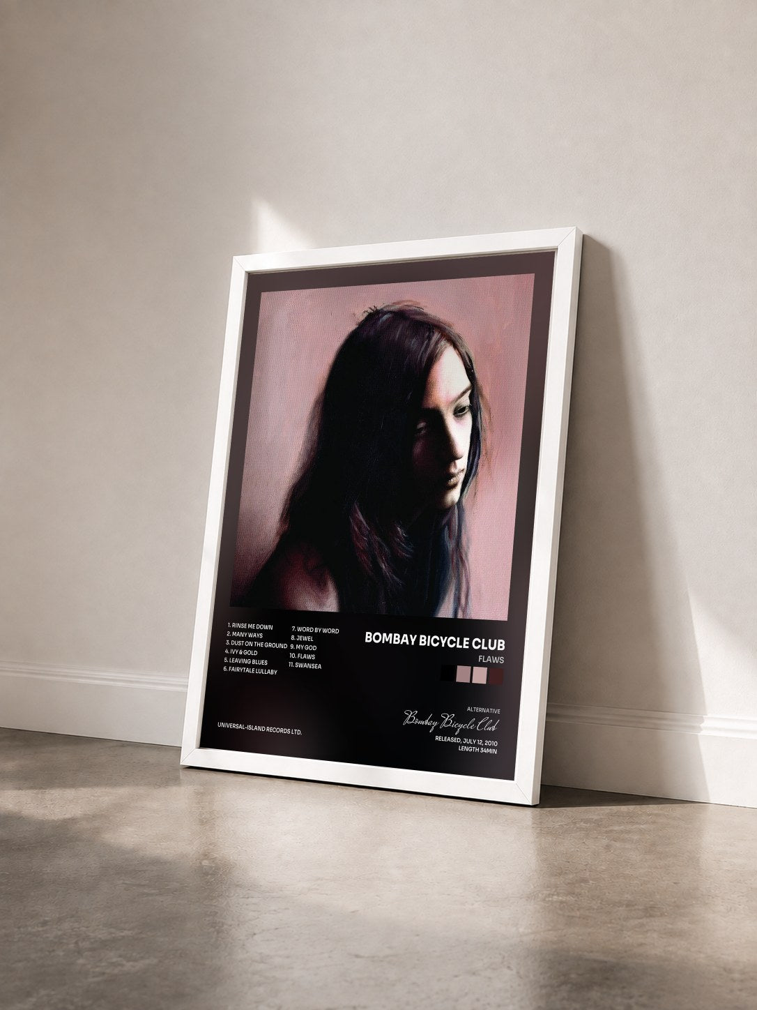 #blanc Tableau de l'album Flaws de Bombay Bicycle Club vu de trois quarts, cadre blanc