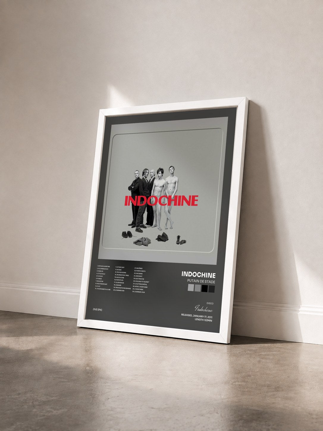 #blanc Putain by stade de Indochine as a framed art print seen at an angle, white frame