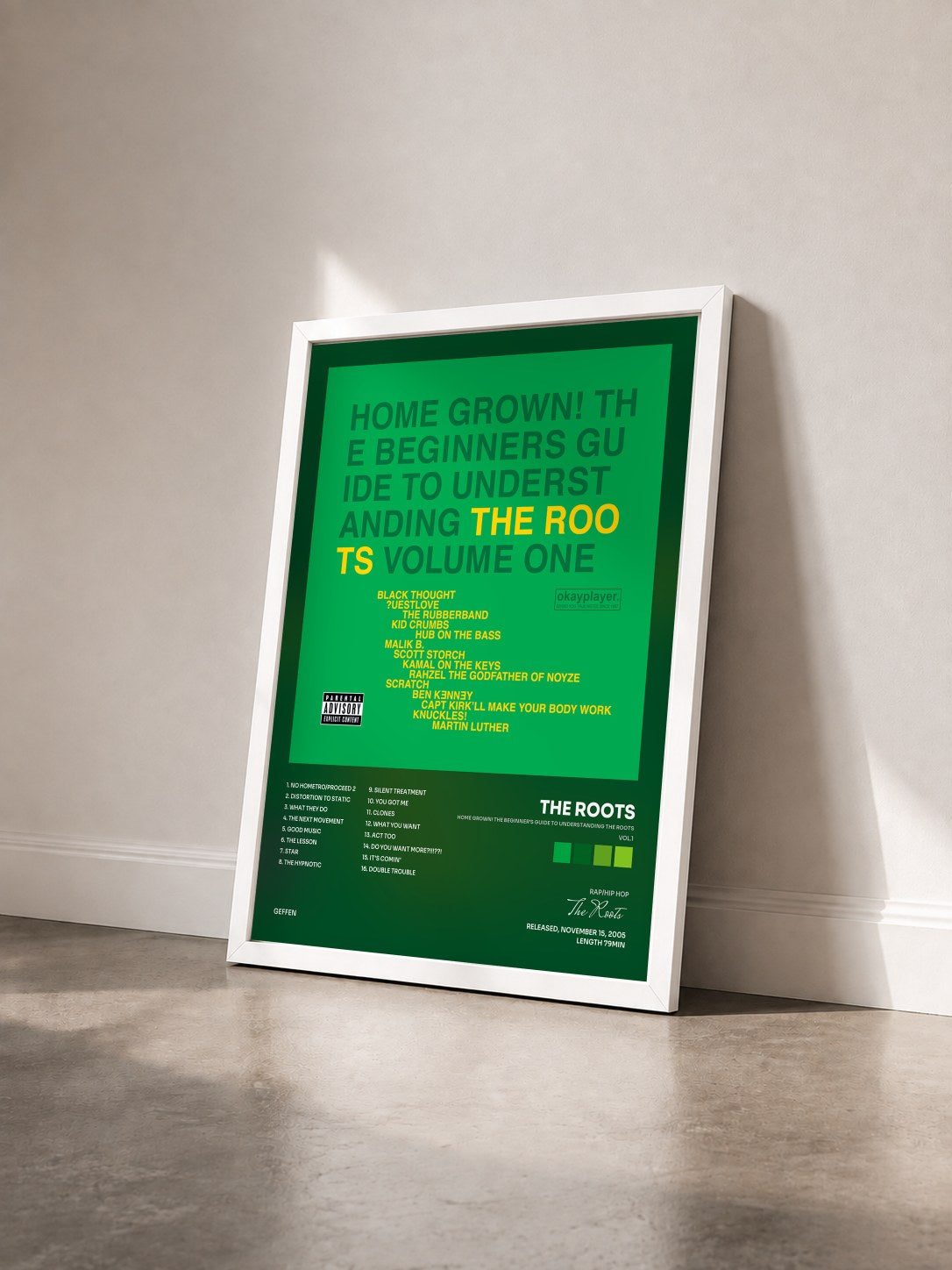 #blanc Tableau de l'album Home Grown! The Beginner's Guide To Understanding The Roots (Vol.1) de The Roots vu de trois quarts, cadre blanc