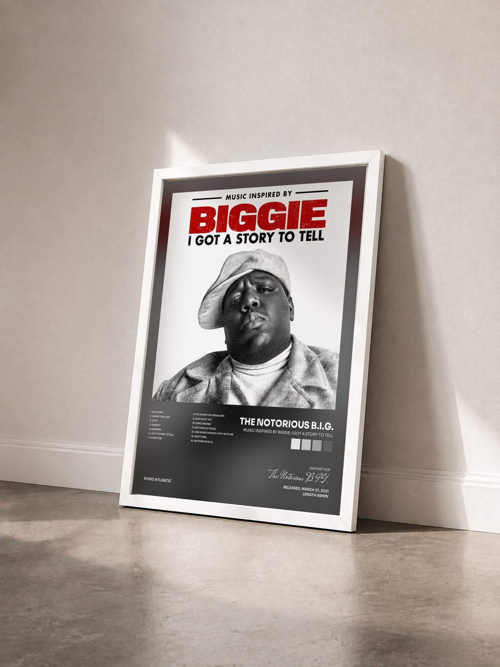 #blanc Tableau de l'album Music Inspired By Biggie: I Got A Story To Tell de The Notorious B.I.G. vu de trois quarts, cadre blanc