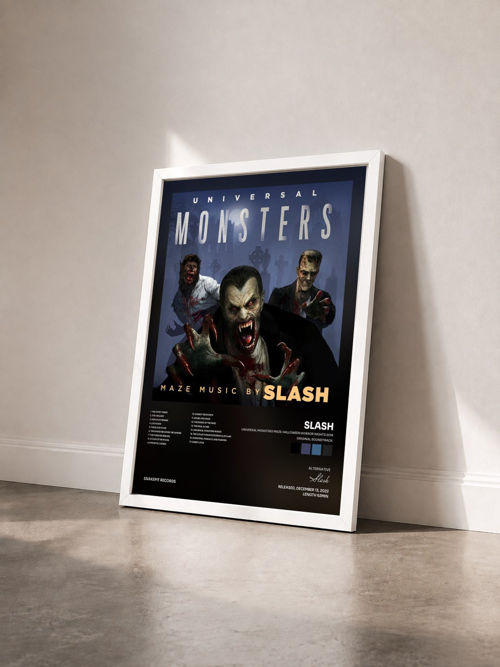 #blanc Universal Monsters Maze: Halloween Horror Nights 2018 (Original Soundtrack) [Deluxe Edition] by Slash as a framed art print seen at an angle, white frame