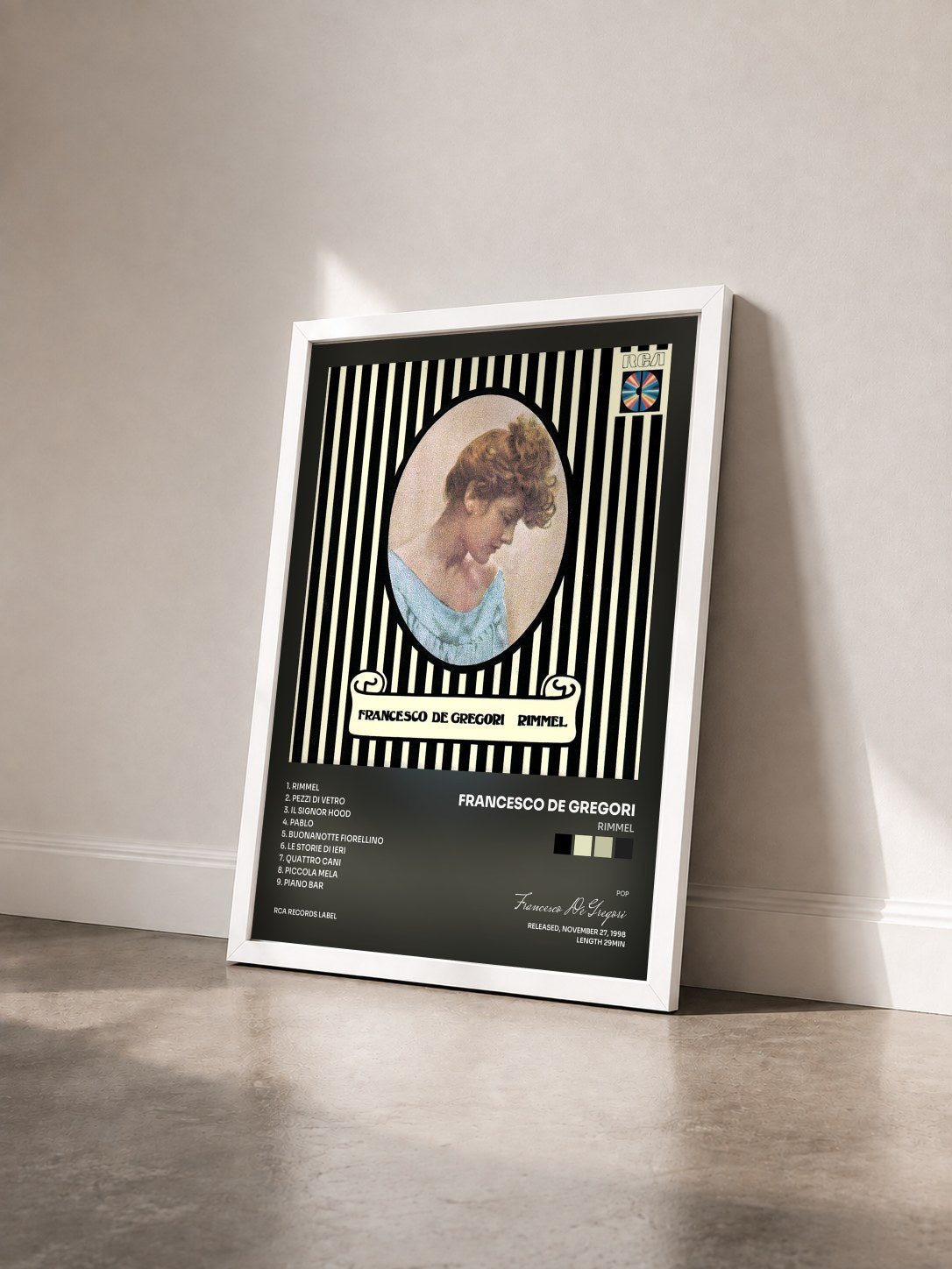 #blanc Tableau de l'album Rimmel de Francesco De Gregori vu de trois quarts, cadre blanc