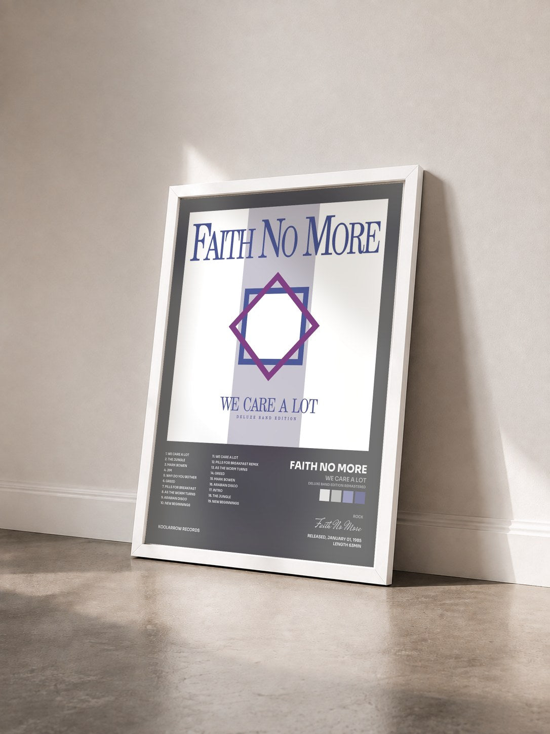 #blanc Tableau de l'album We Care a Lot (Deluxe Band Edition Remastered) de Faith No More vu de trois quarts, cadre blanc
