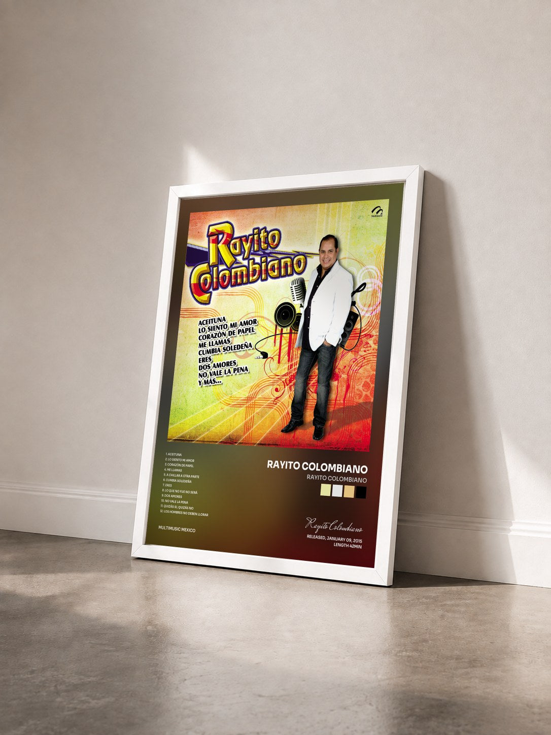 #blanc Tableau de l'album Rayito Colombiano de Rayito Colombiano vu de trois quarts, cadre blanc