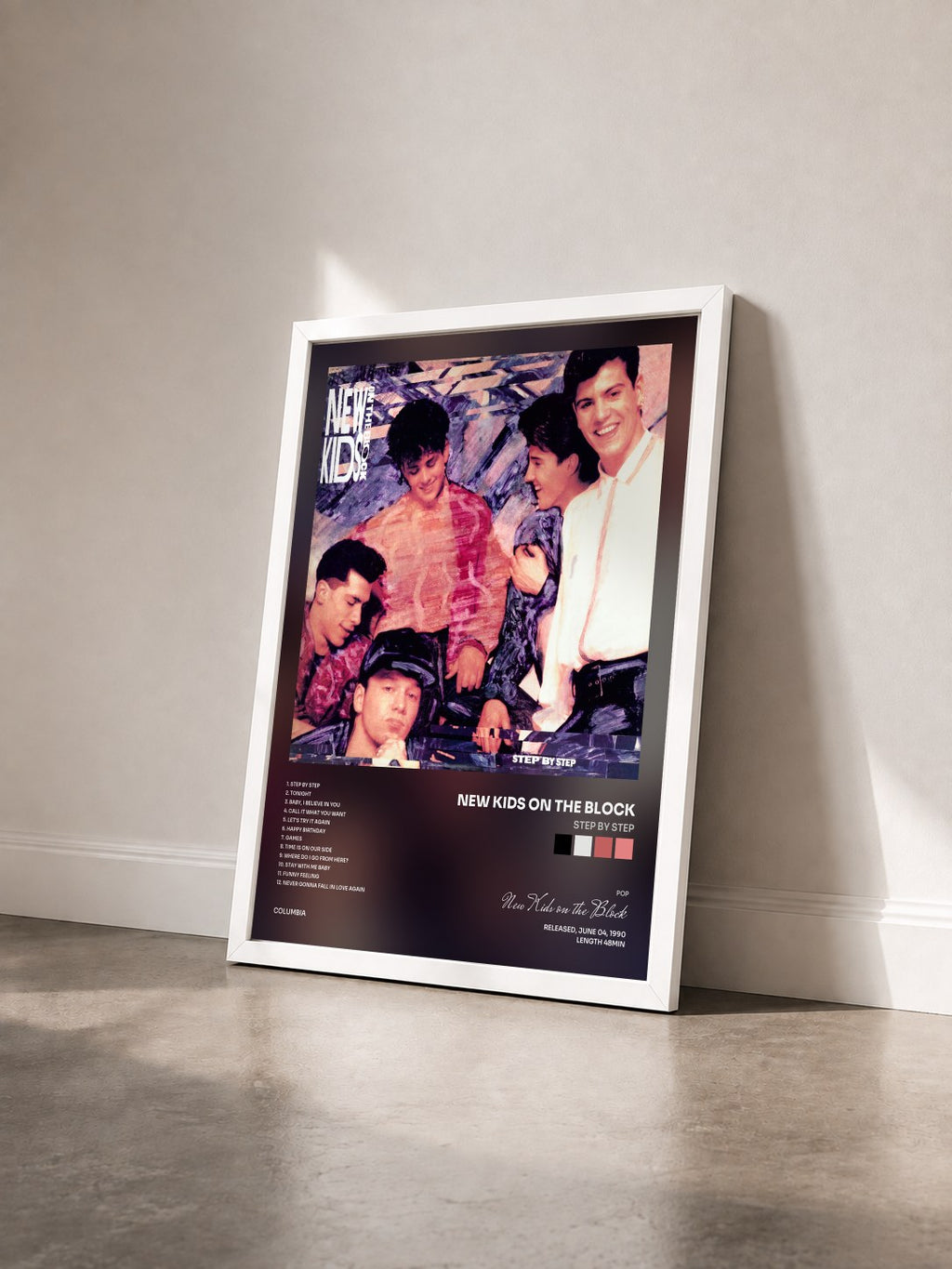 #blanc Tableau de l'album Step By Step de New Kids on the Block vu de trois quarts, cadre blanc