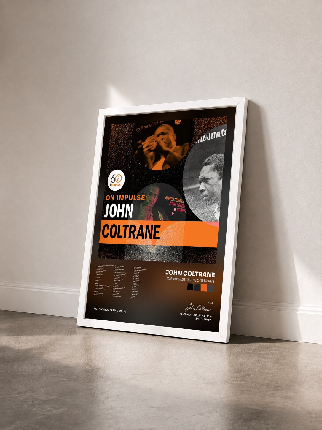 #blanc Tableau de l'album On Impulse: John Coltrane de John Coltrane vu de trois quarts, cadre blanc