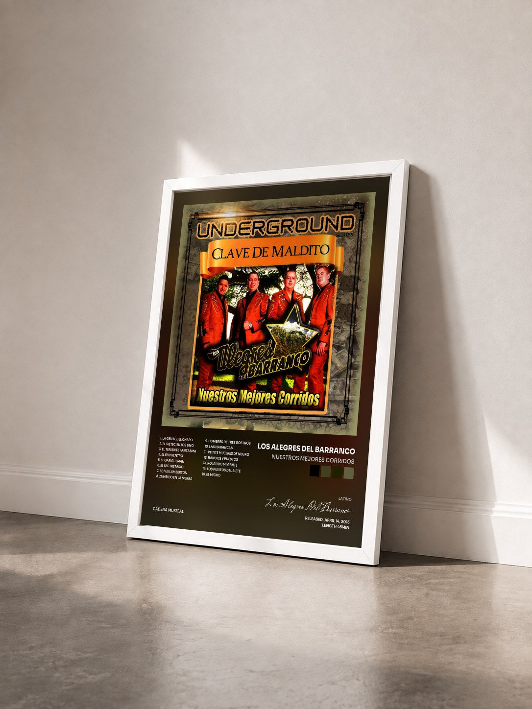 #blanc Tableau de l'album Nuestros Mejores Corridos de Los Alegres Del Barranco vu de trois quarts, cadre blanc