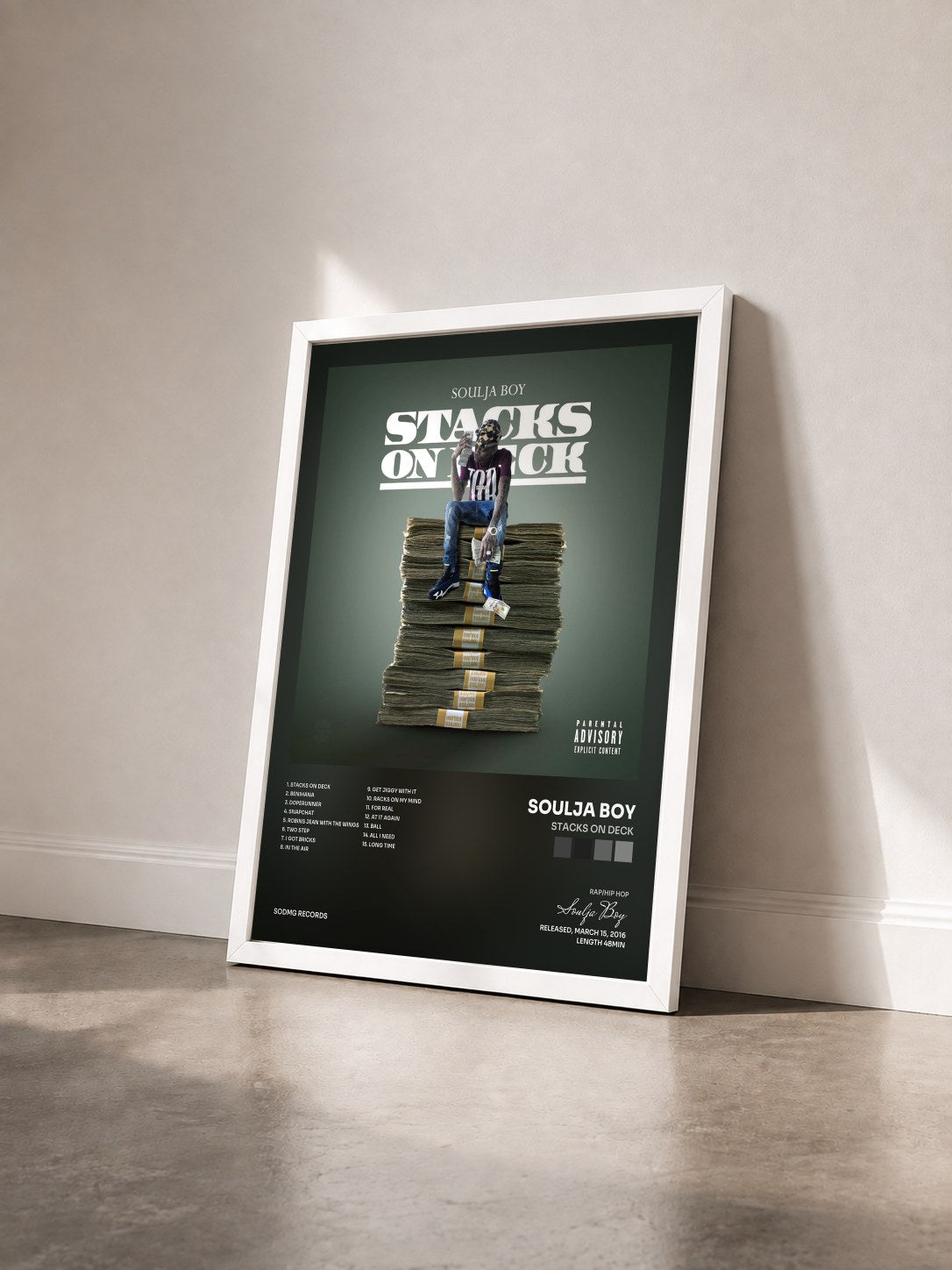 #blanc Stacks on Deck by Soulja Boy as a framed art print seen at an angle, white frame