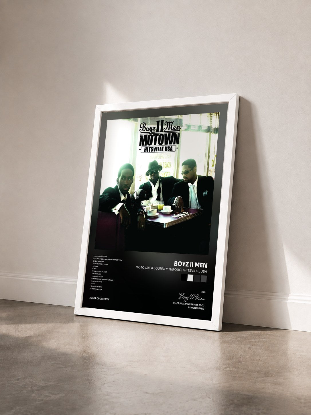 #blanc Tableau de l'album Motown: A Journey Through Hitsville, USA de Boyz II Men vu de trois quarts, cadre blanc