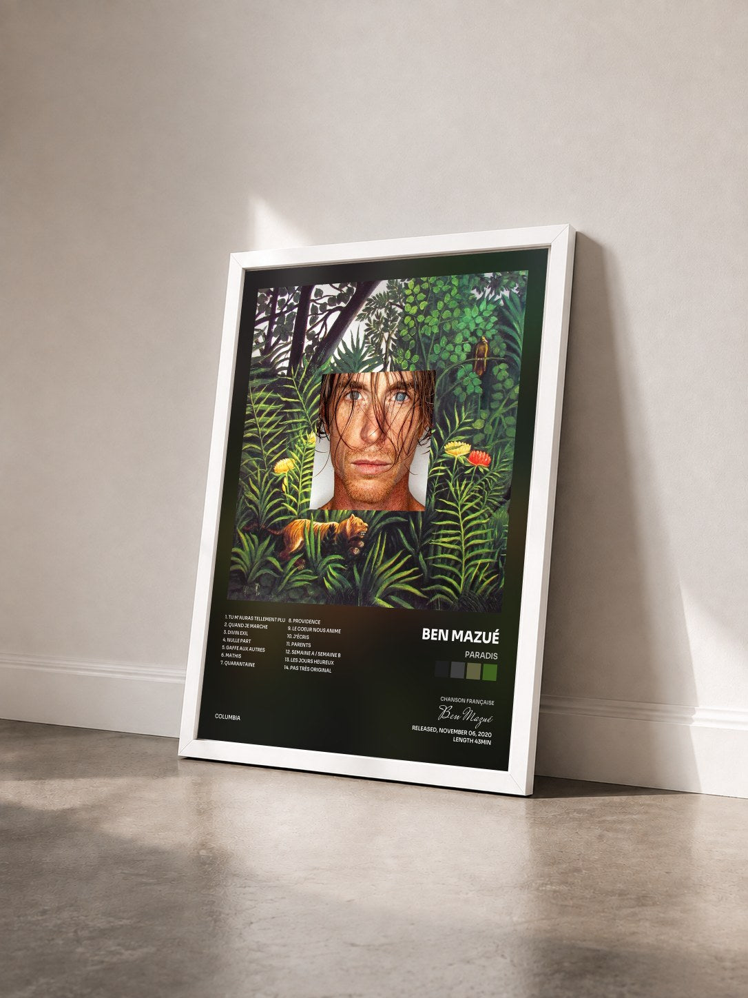 #blanc Paradis by Ben Mazué as a framed art print seen at an angle, white frame