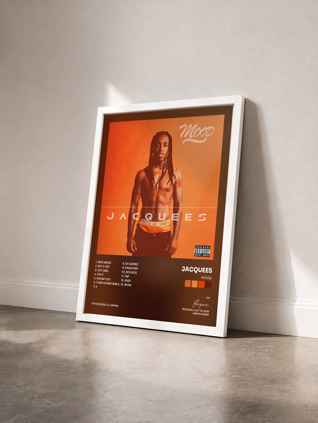 #blanc Tableau de l'album Mood de Jacquees vu de trois quarts, cadre blanc