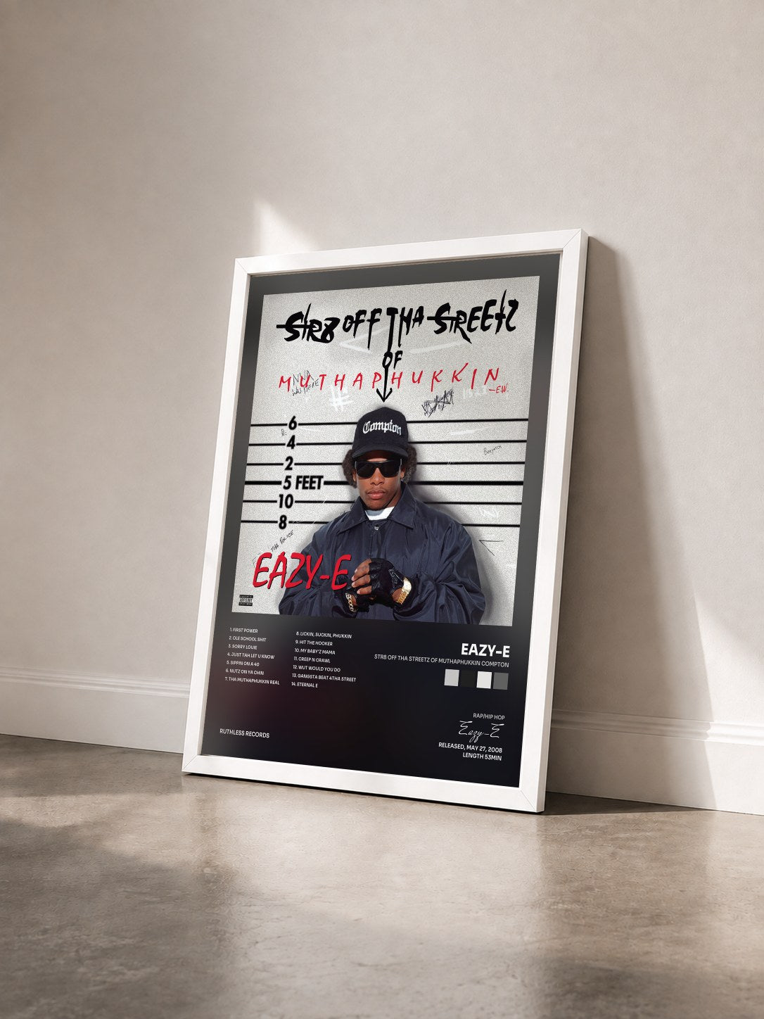 #blanc Tableau de l'album Str8 off Tha Streetz of Muthaphukkin Compton de Eazy-E vu de trois quarts, cadre blanc