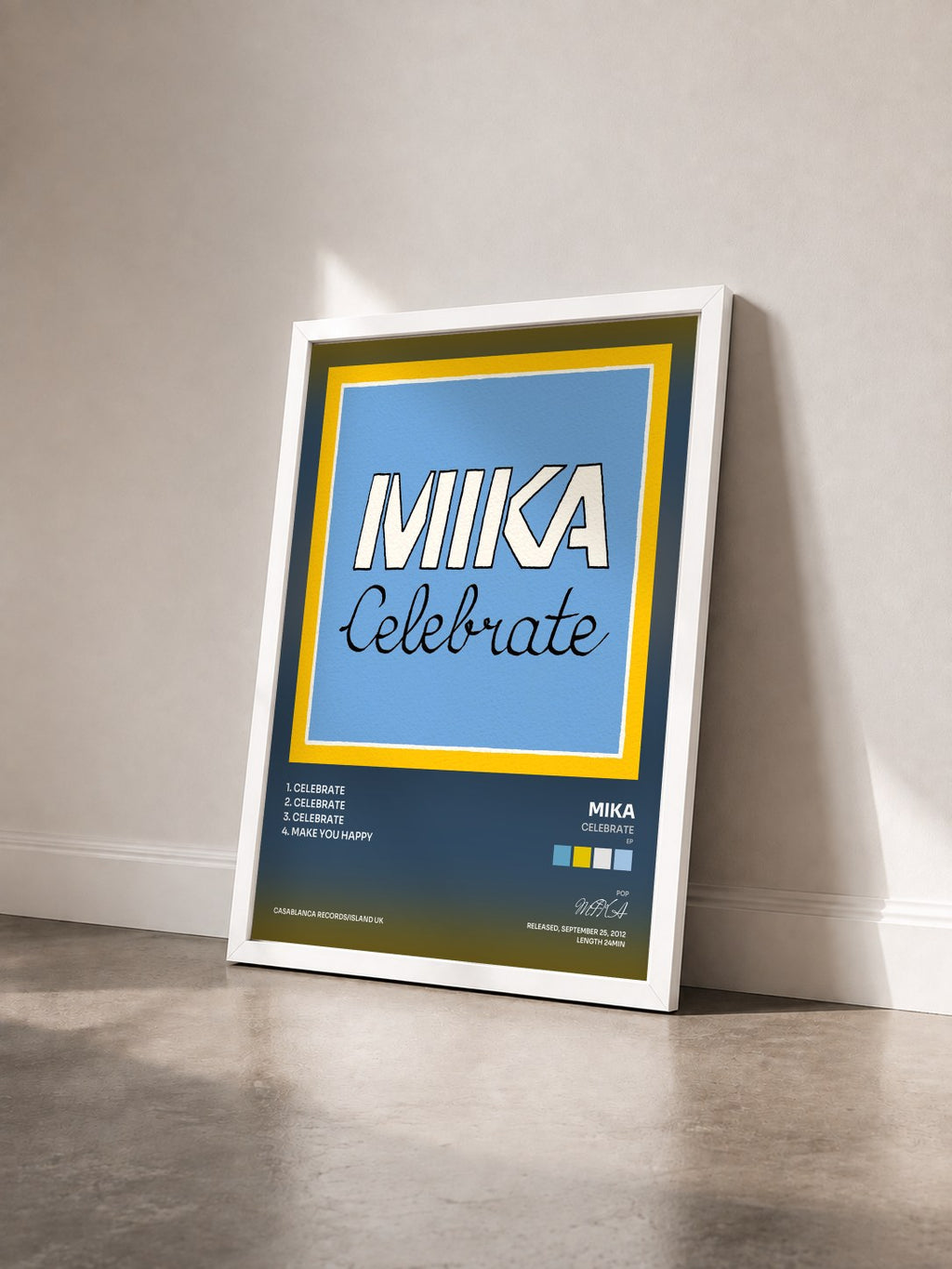 #blanc Celebrate (EP) by MIKA as a framed art print seen at an angle, white frame