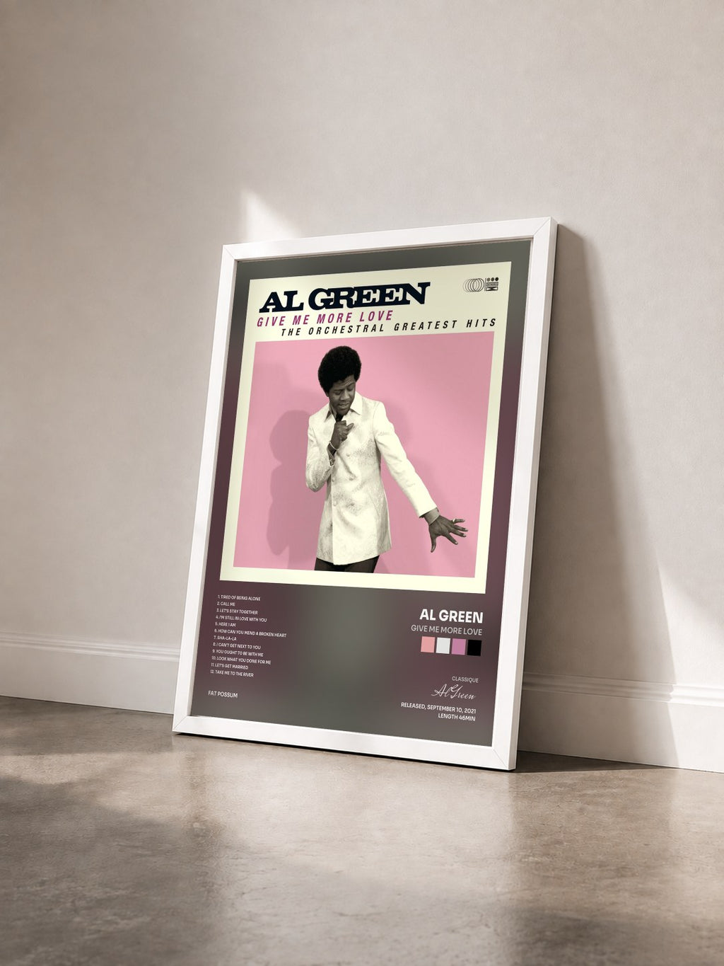 #blanc Tableau de l'album Give Me More Love de Al Green vu de trois quarts, cadre blanc