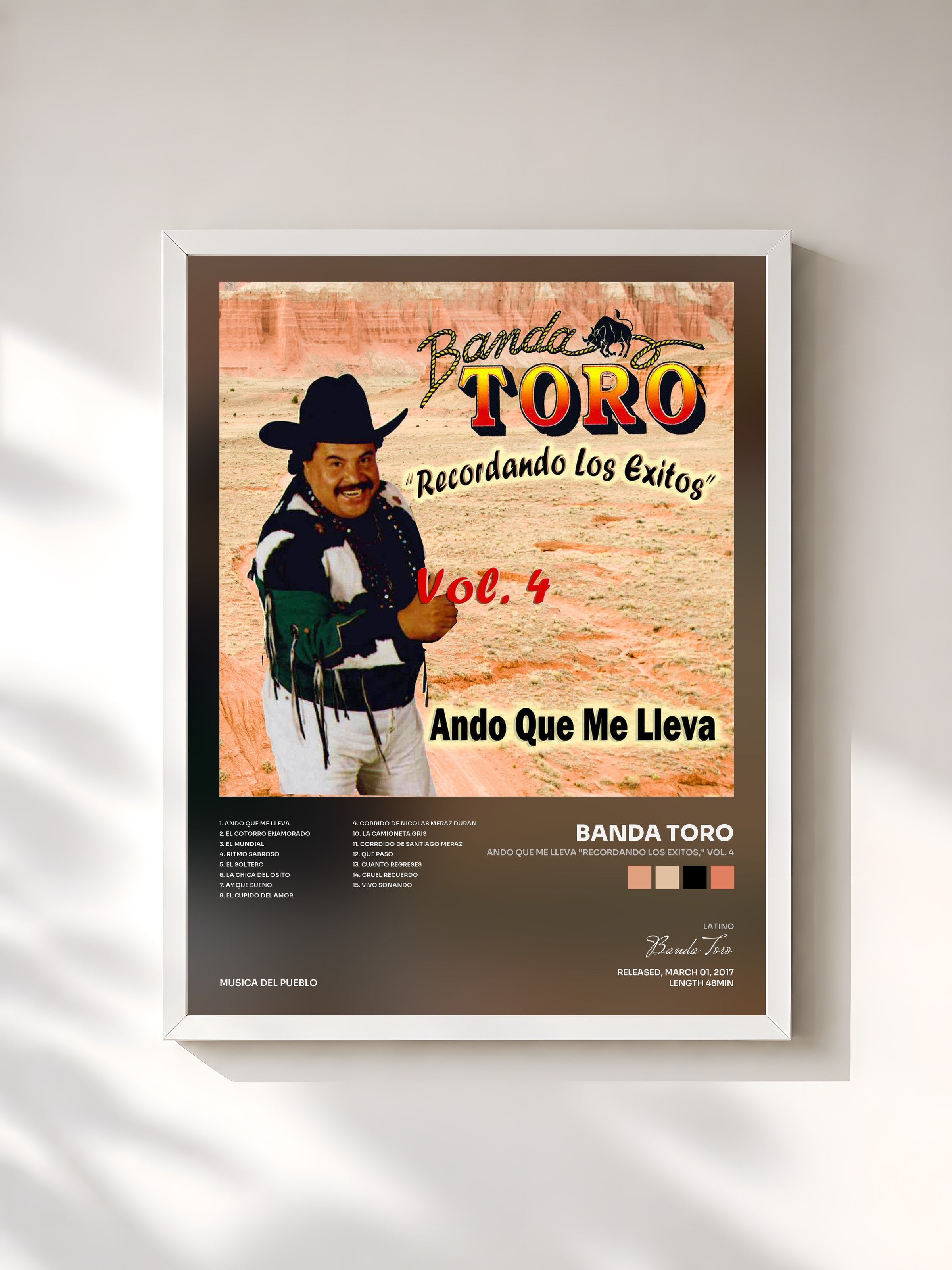 #blanc Tableau de l'album Ando Que Me Lleva "Recordando los Exitos," Vol. 4 de Banda Toro, cadre blanc, imprimé et encadré en France