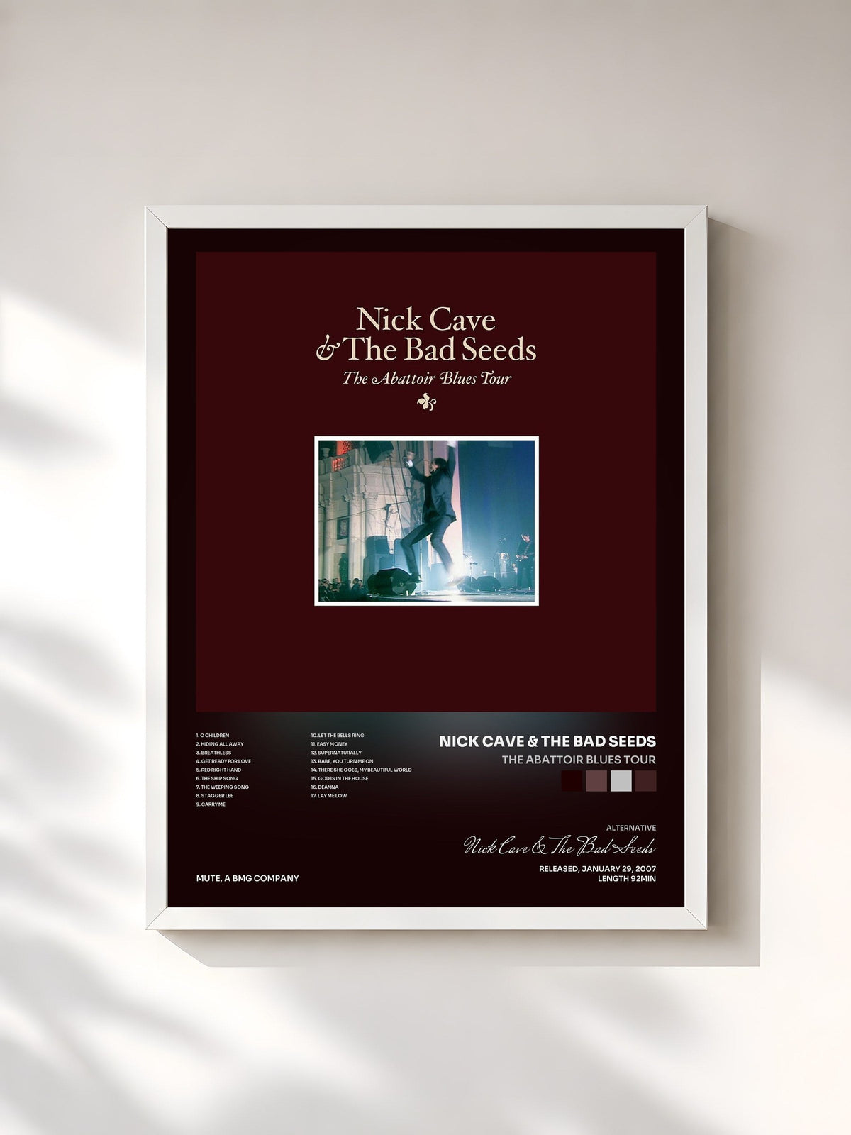 #blanc Tableau de l'album The Abattoir Blues Tour de Nick Cave & The Bad Seeds, cadre blanc, imprimé et encadré en France