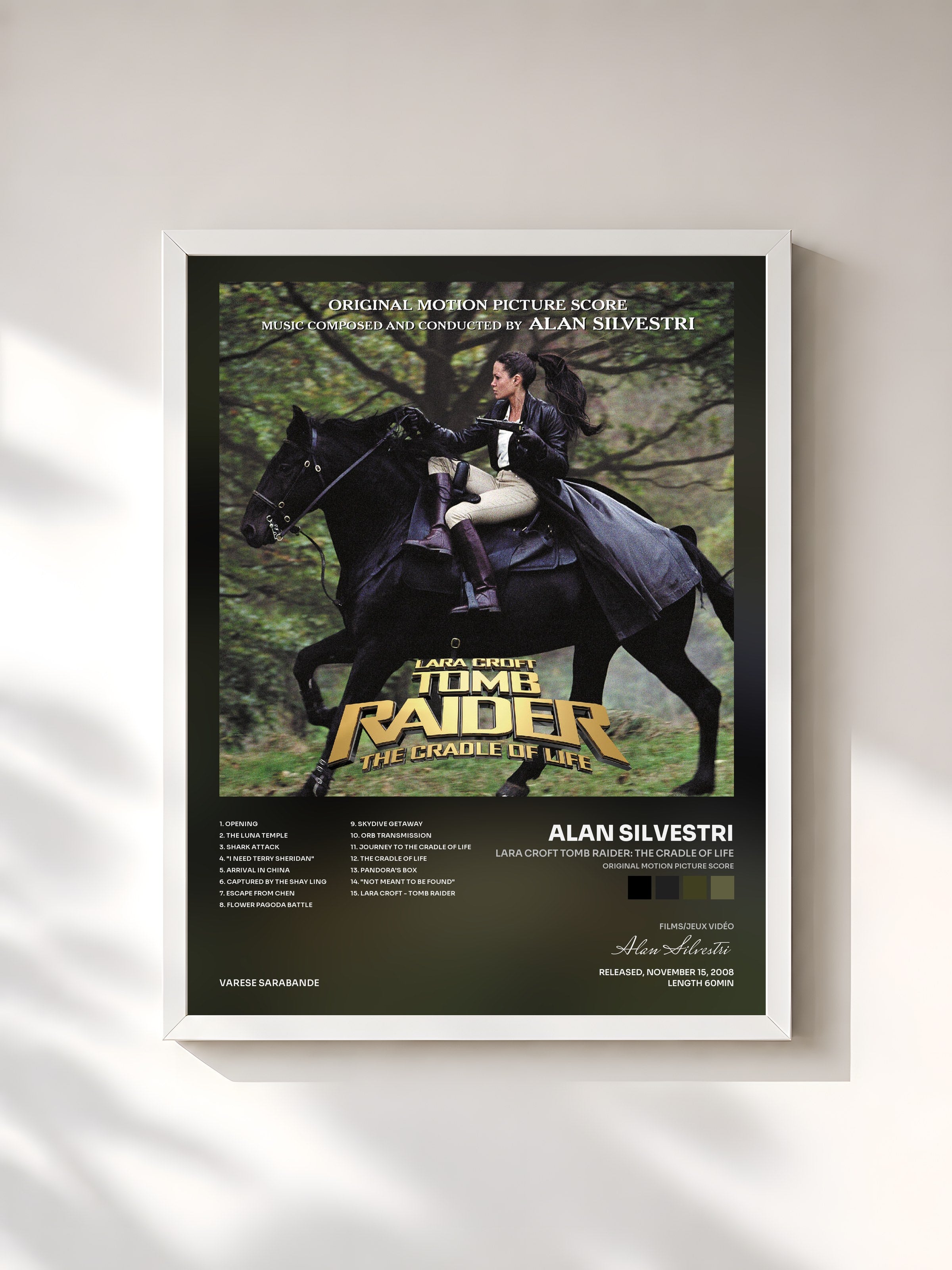 #blanc Tableau de l'album Lara Croft Tomb Raider: The Cradle Of Life (Original Motion Picture Score) de Alan Silvestri, cadre blanc, imprimé et encadré en France