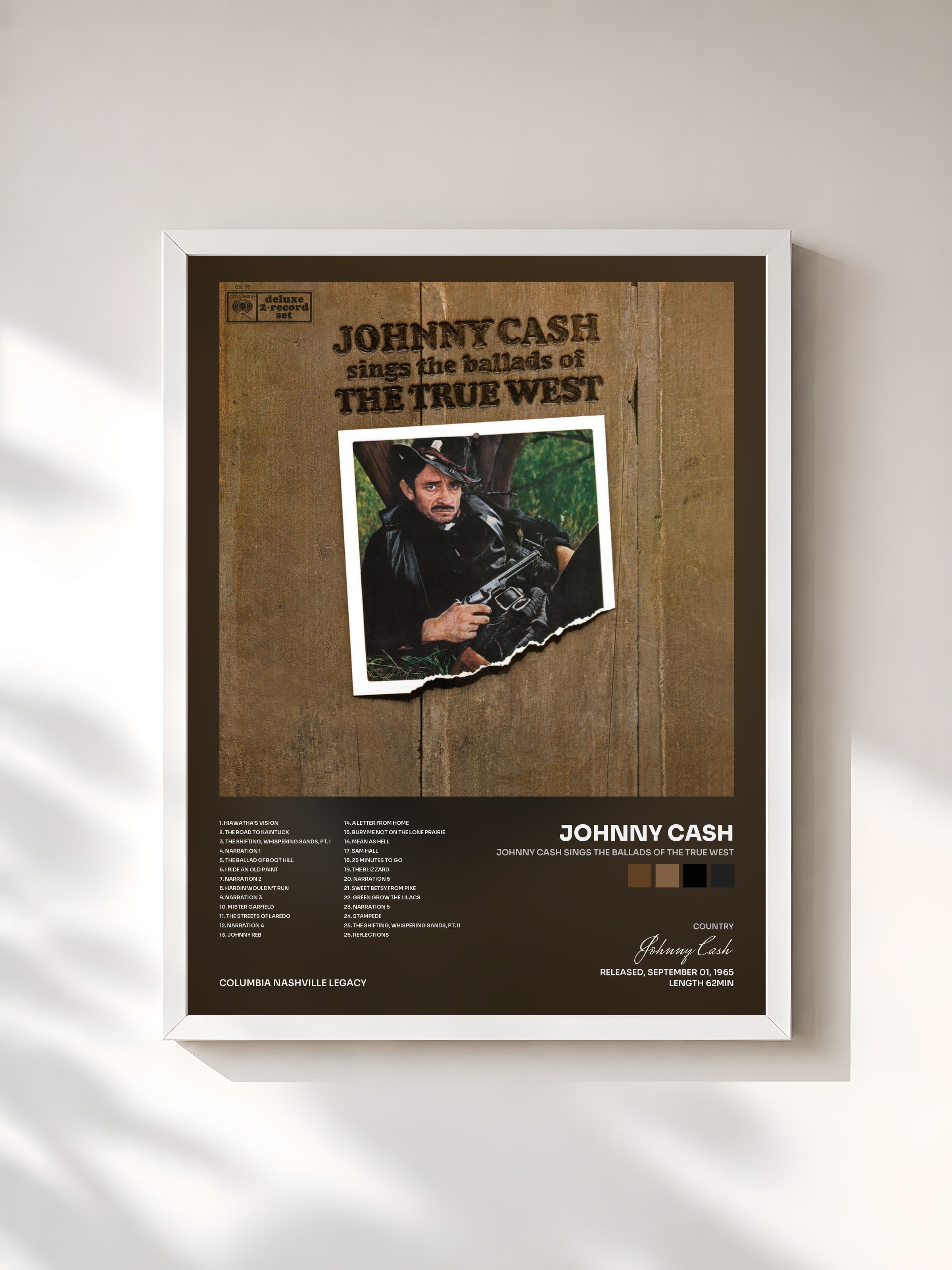 #blanc Tableau de l'album Johnny Cash Sings The Ballads Of The True West de Johnny Cash, cadre blanc, imprimé et encadré en France