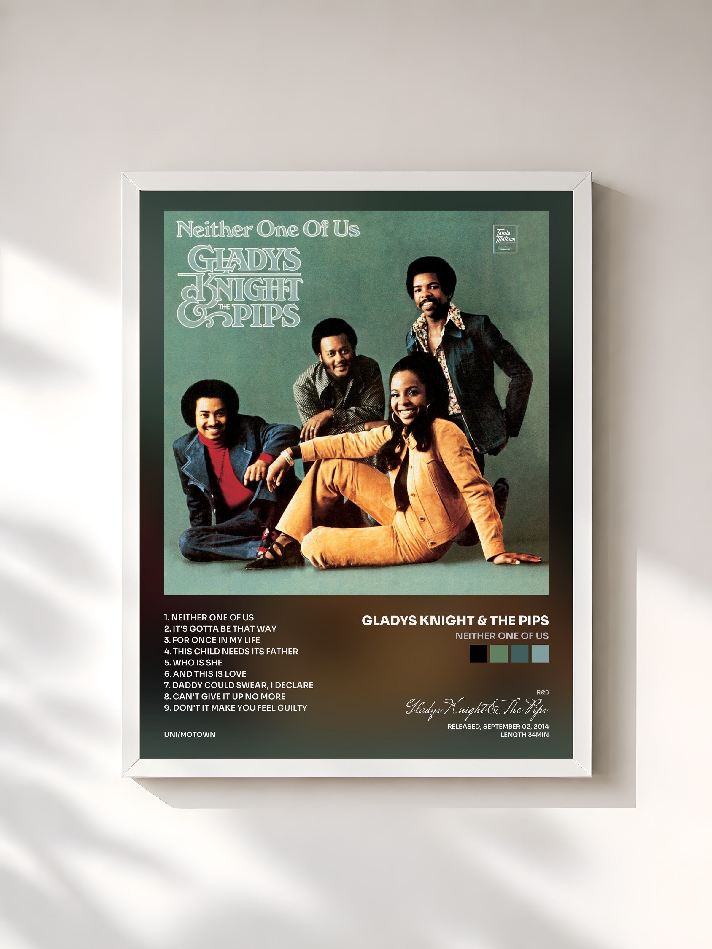 #blanc Tableau de l'album Neither One Of Us de Gladys Knight & The Pips, cadre blanc, imprimé et encadré en France