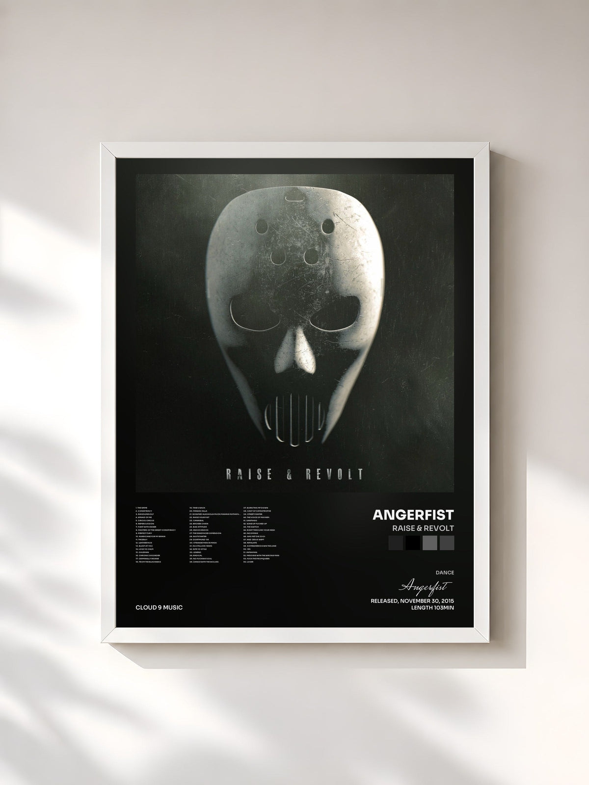 #blanc Tableau de l'album Raise & Revolt de Angerfist, cadre blanc, imprimé et encadré en France