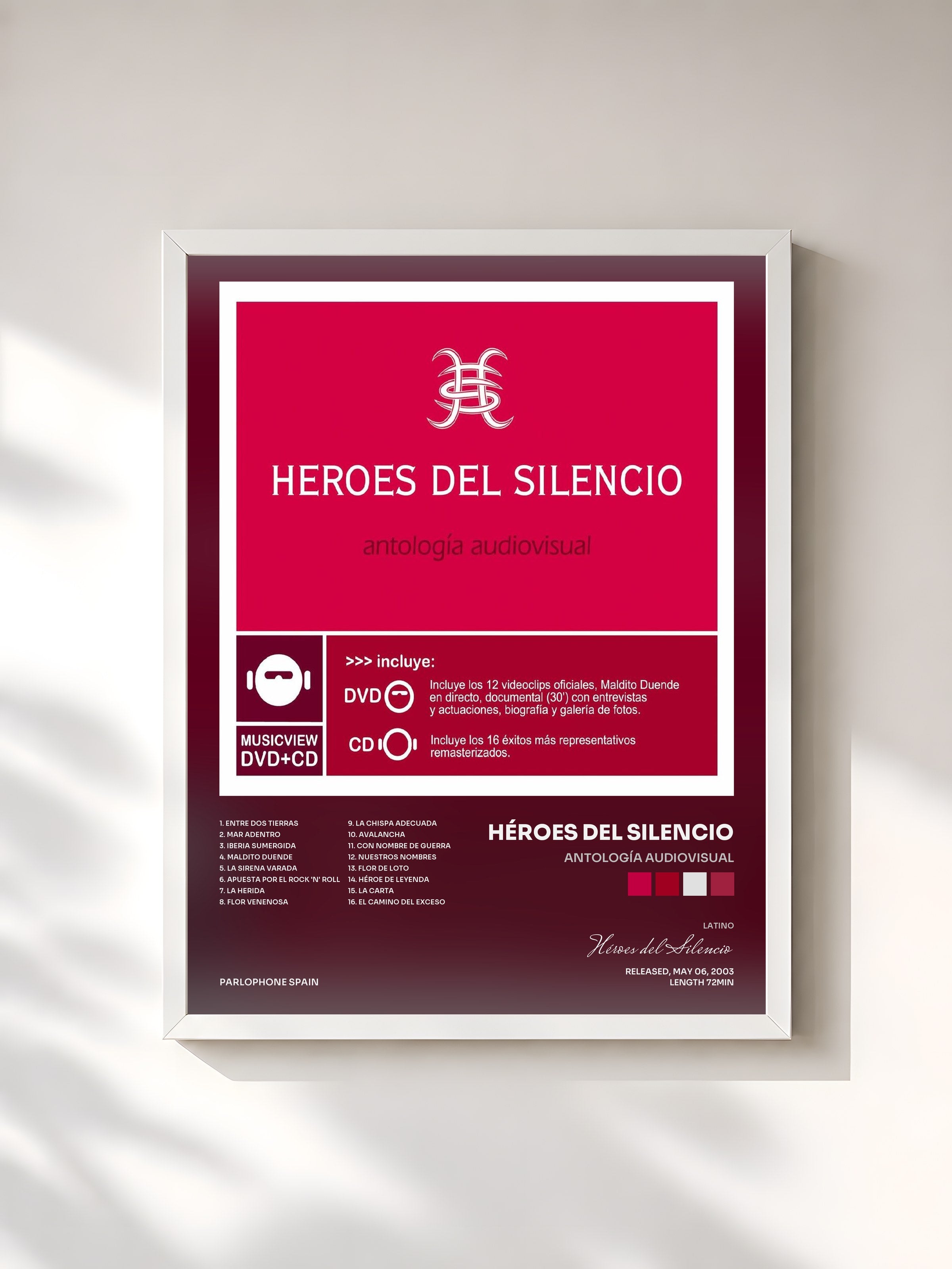#blanc Tableau de l'album Antología Audiovisual de Héroes del Silencio, cadre blanc, imprimé et encadré en France
