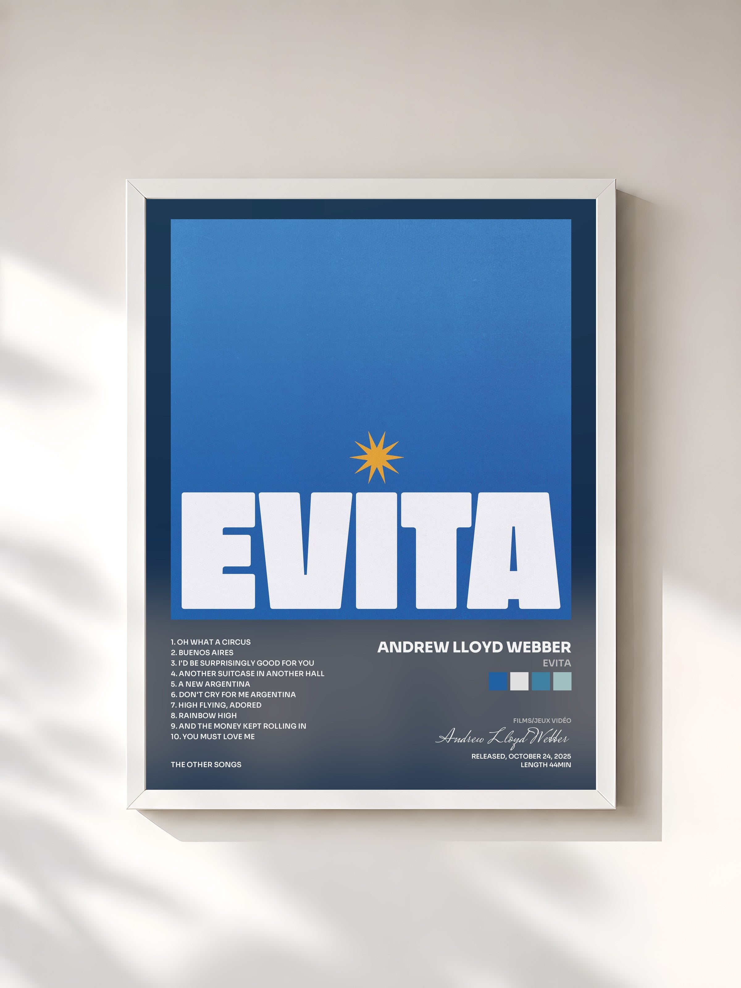 #blanc Tableau de l'album EVITA de Andrew Lloyd Webber, cadre blanc, imprimé et encadré en France