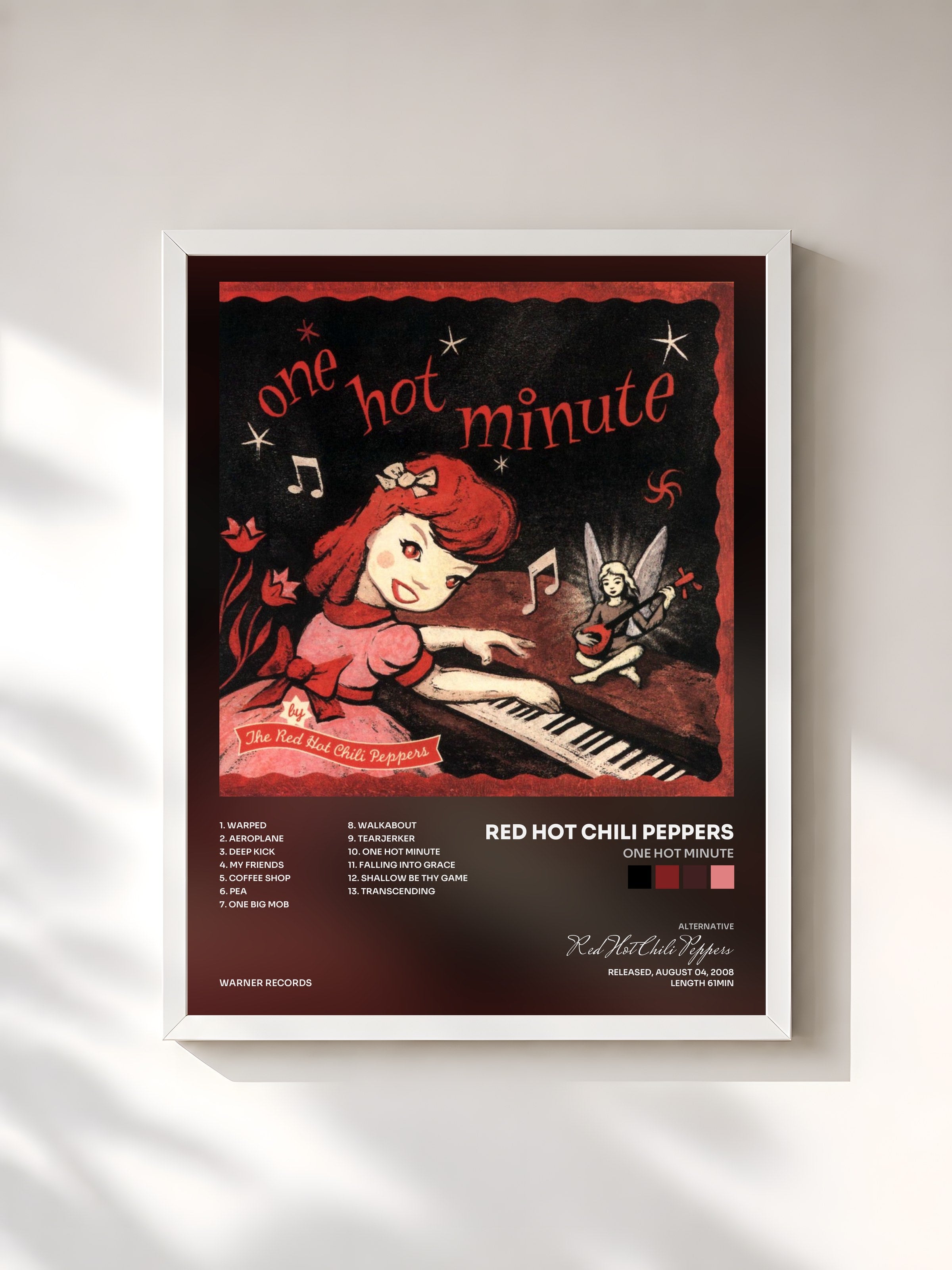 #blanc Tableau de l'album One Hot Minute de Red Hot Chili Peppers, cadre blanc, imprimé et encadré en France