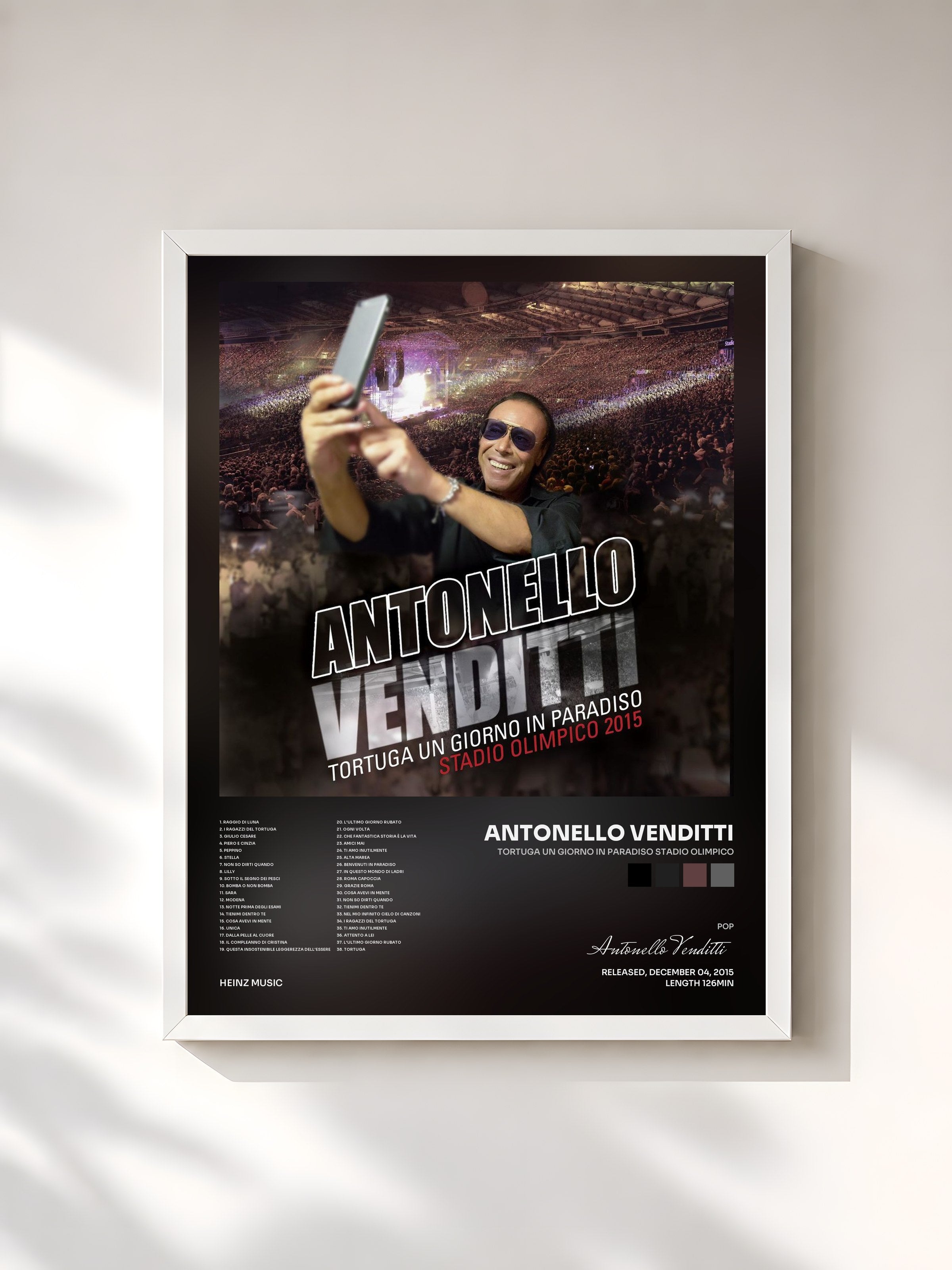 #blanc Tableau de l'album Tortuga un giorno in Paradiso stadio Olimpico de Antonello Venditti, cadre blanc, imprimé et encadré en France