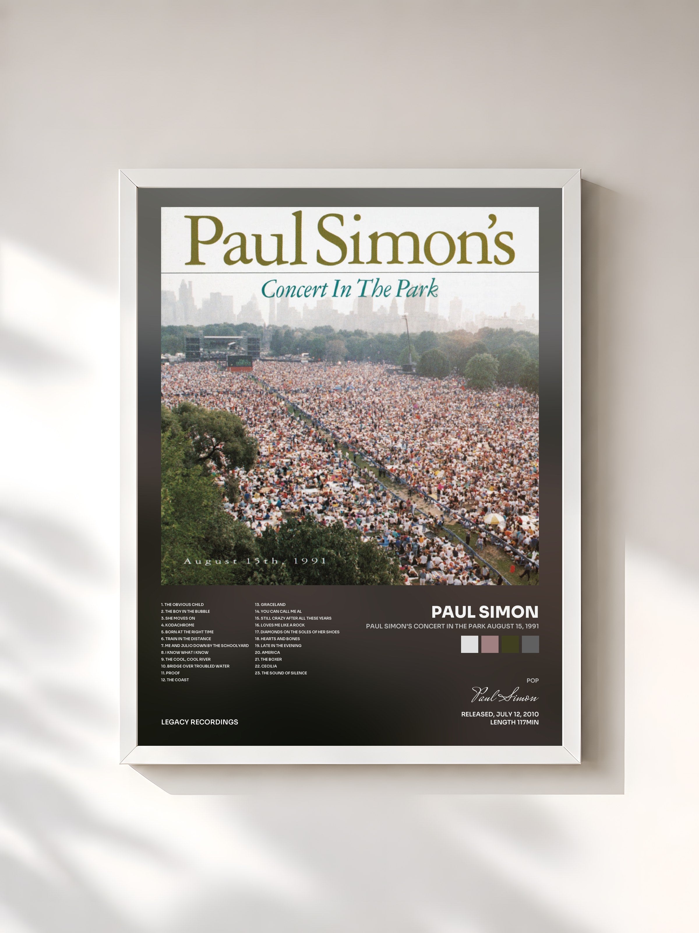 #blanc Tableau de l'album Paul Simon's Concert In The Park August 15, 1991 de Paul Simon, cadre blanc, imprimé et encadré en France