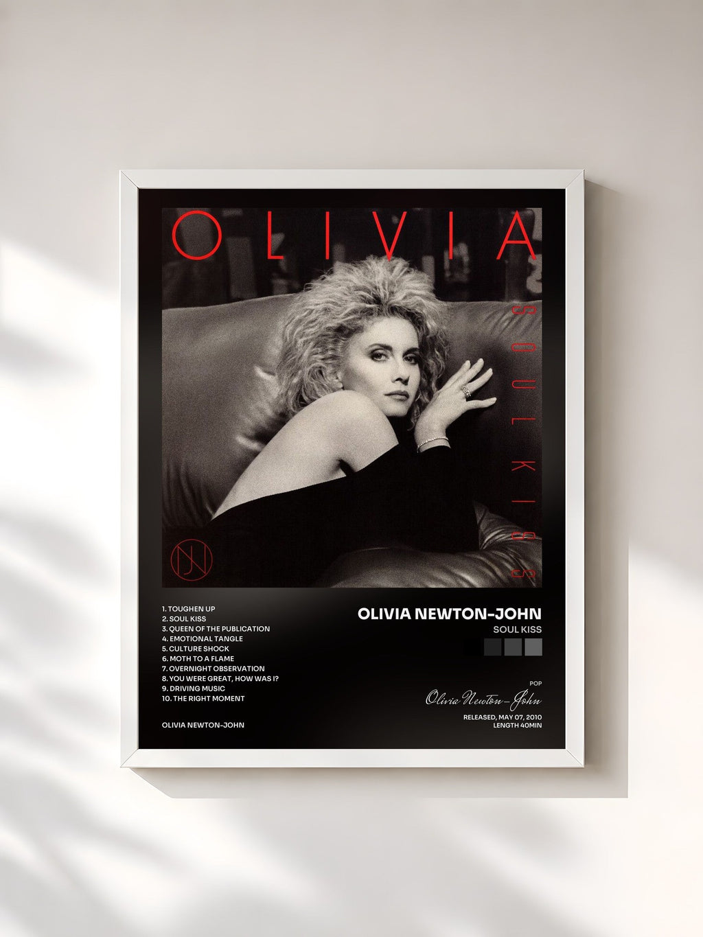 #blanc Tableau de l'album Soul Kiss de Olivia Newton-John, cadre blanc, imprimé et encadré en France