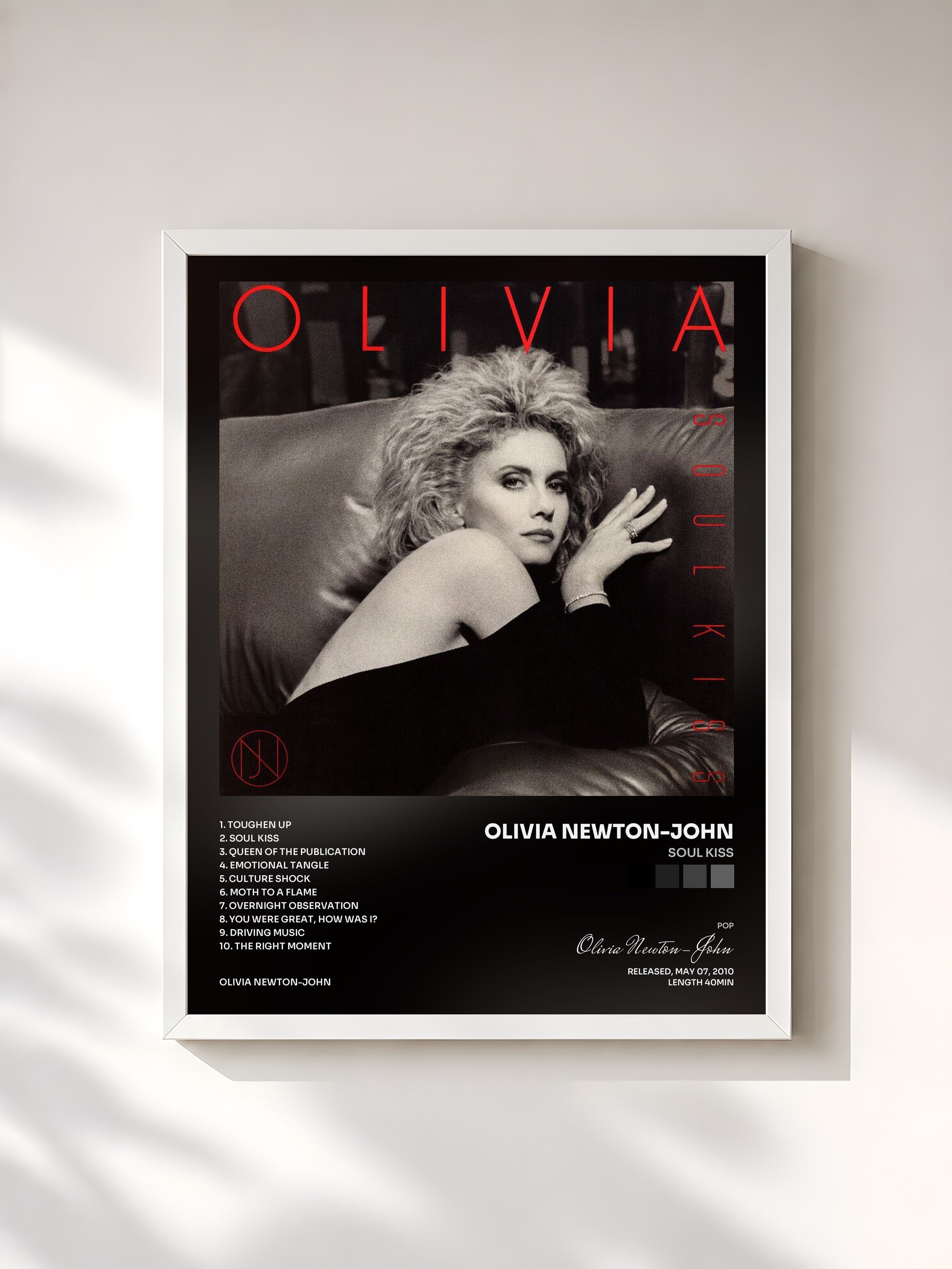 #blanc Tableau de l'album Soul Kiss de Olivia Newton-John, cadre blanc, imprimé et encadré en France