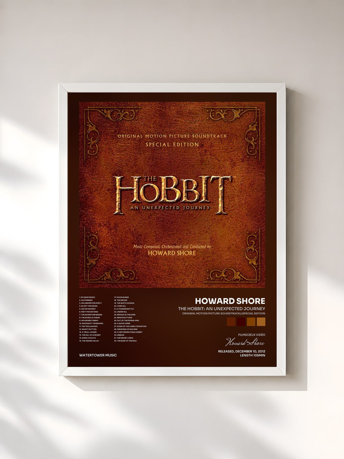 #blanc Tableau de l'album The Hobbit: An Unexpected Journey (Original Motion Picture Soundtrack) (Special Edition) de Howard Shore, cadre blanc, imprimé et encadré en France