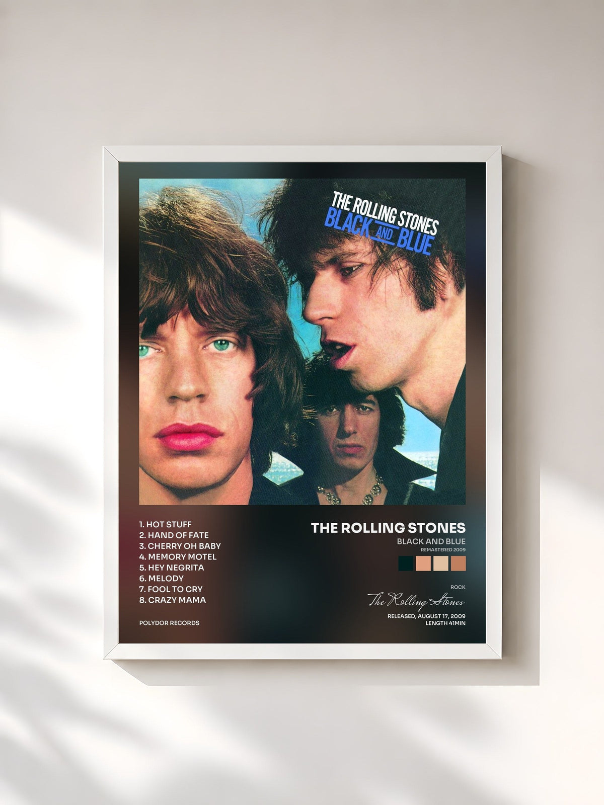 #blanc Tableau de l'album Black And Blue (Remastered 2009) de The Rolling Stones, cadre blanc, imprimé et encadré en France