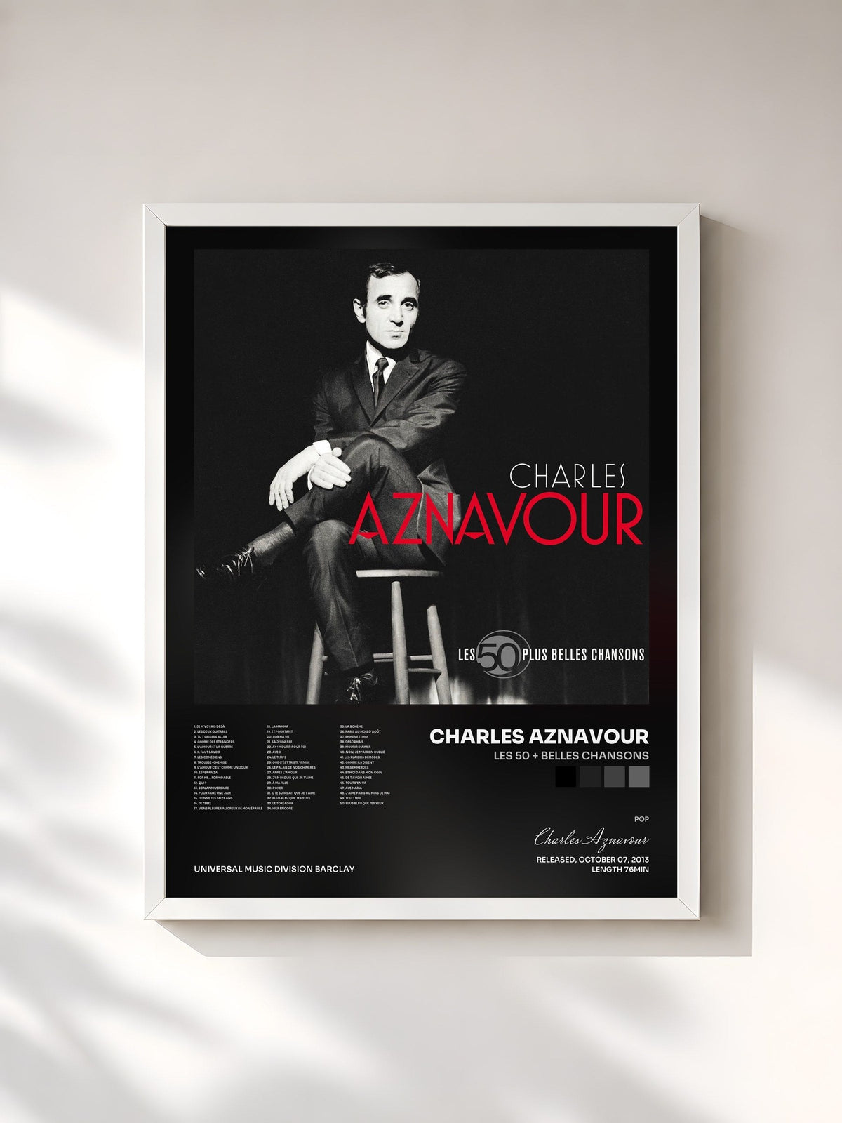 #blanc Tableau de l'album Les 50 + Belles Chansons de Charles Aznavour, cadre blanc, imprimé et encadré en France