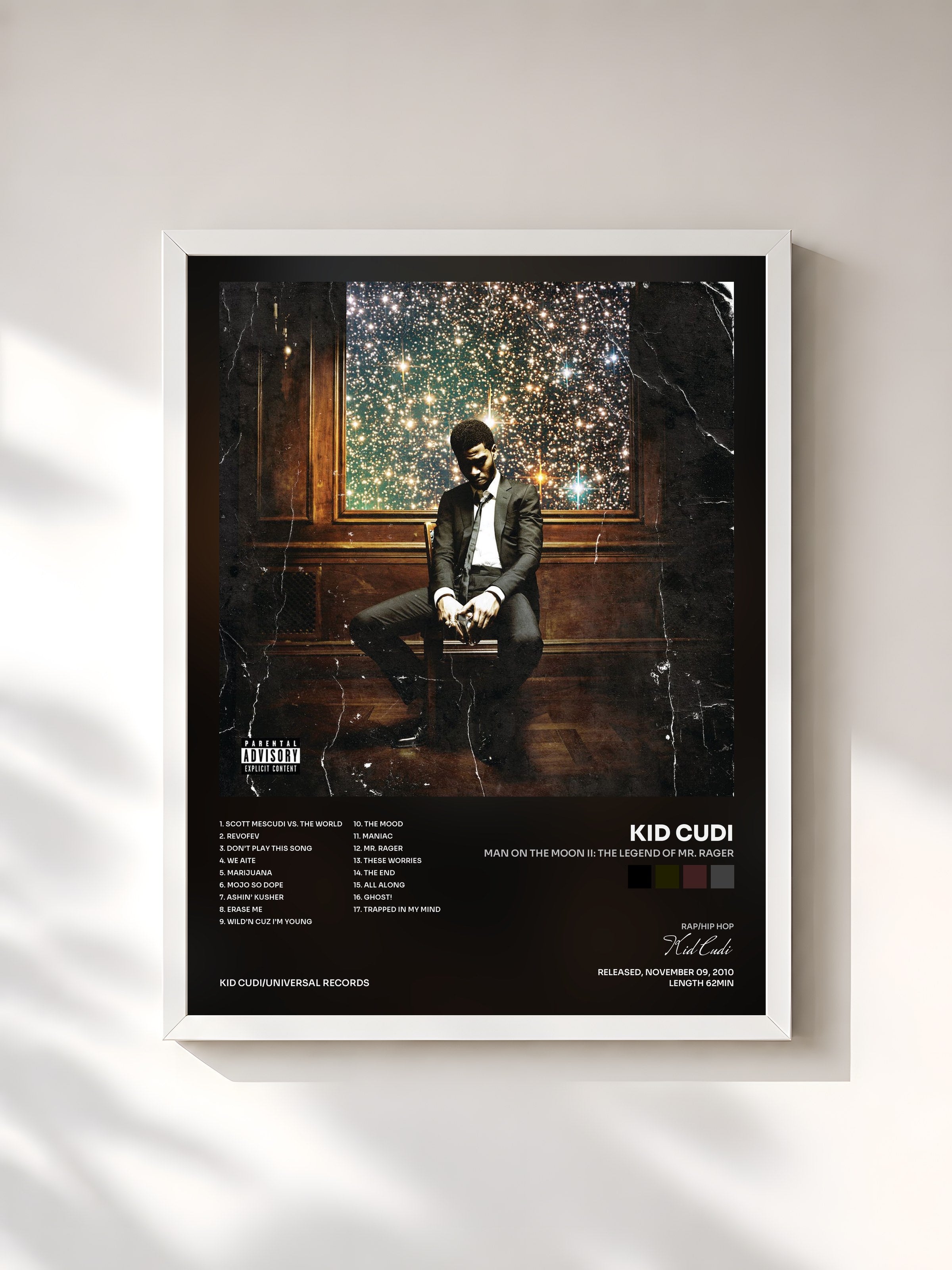 #blanc Tableau de l'album Man On The Moon II: The Legend Of Mr. Rager de Kid Cudi, cadre blanc, imprimé et encadré en France